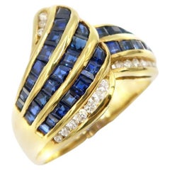 Vivid Baguette Sapphire Diamond Pompadour Stripe 18K Yellow Ring