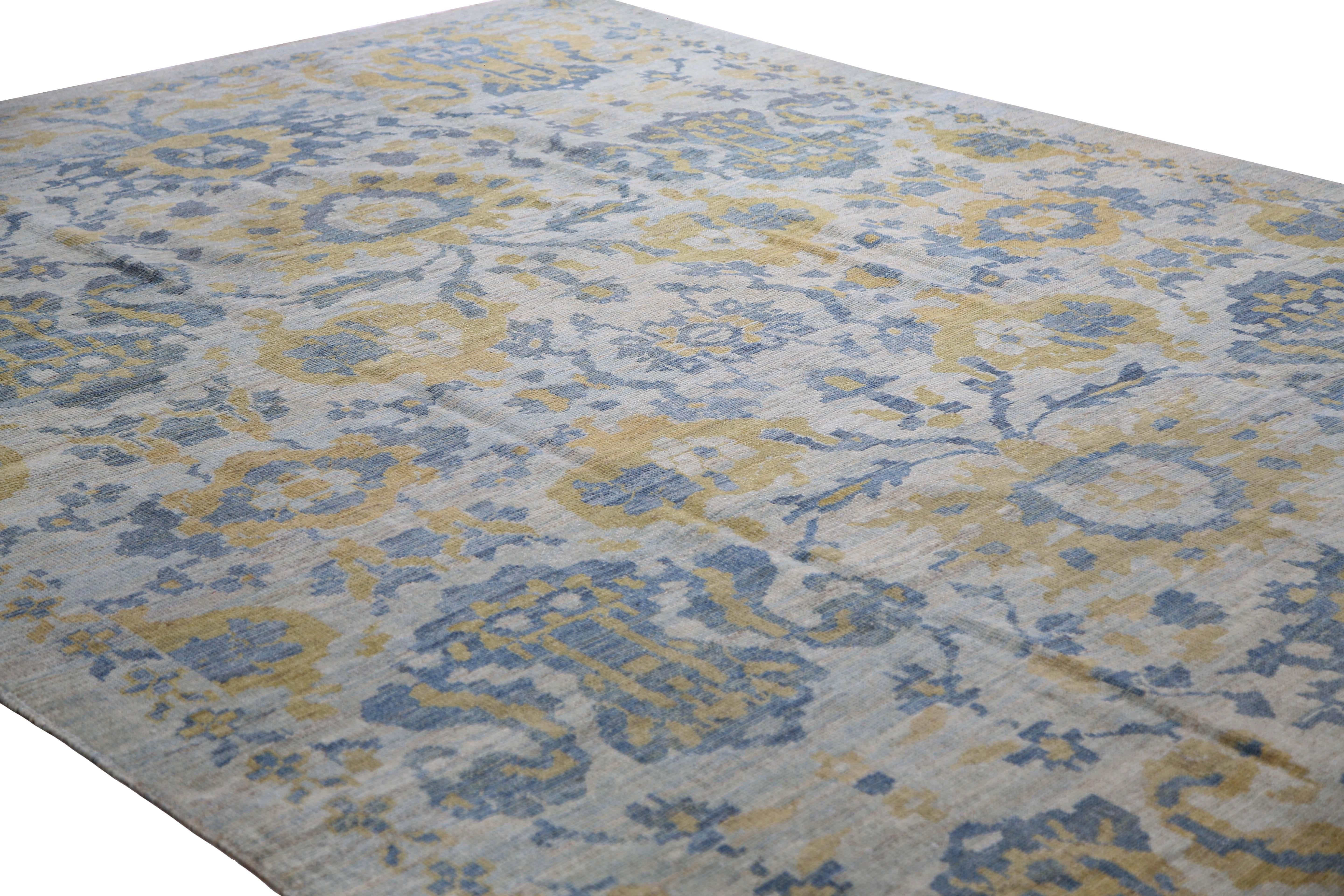 Vivid Blue and Yellow Turkish Sultanabad Rug For Sale 4