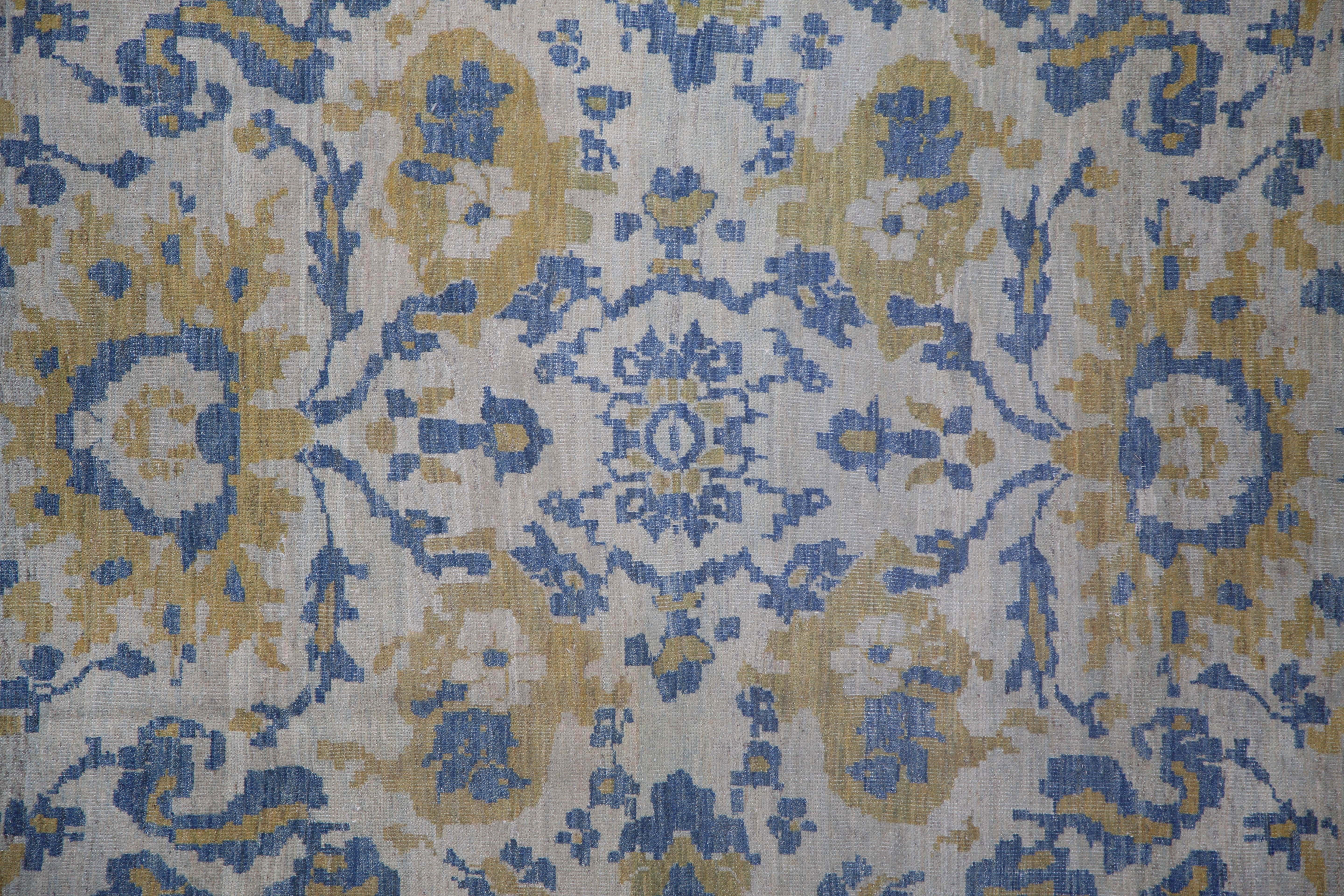 Vivid Blue and Yellow Turkish Sultanabad Rug For Sale 5