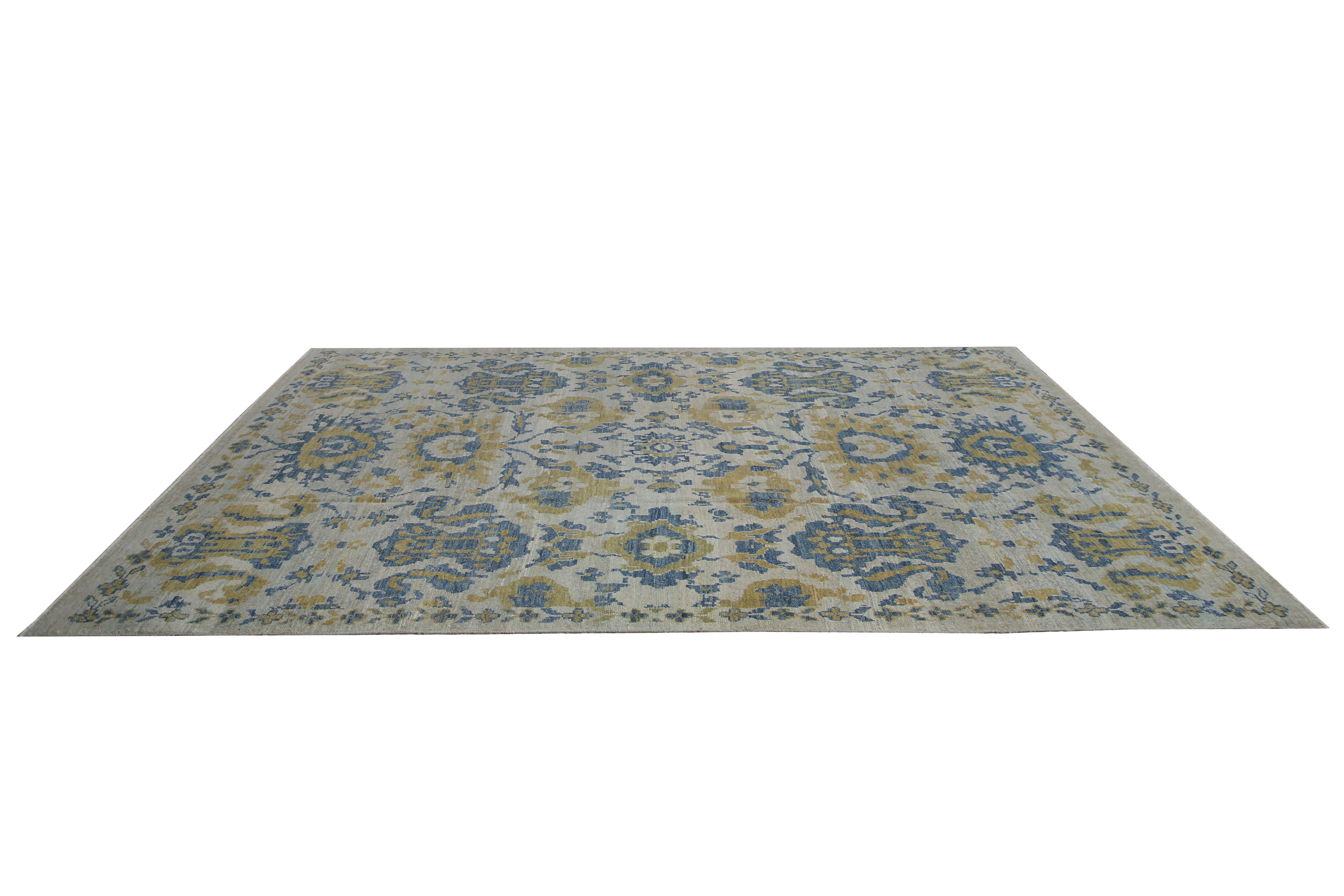 Hand-Woven Vivid Blue and Yellow Turkish Sultanabad Rug For Sale