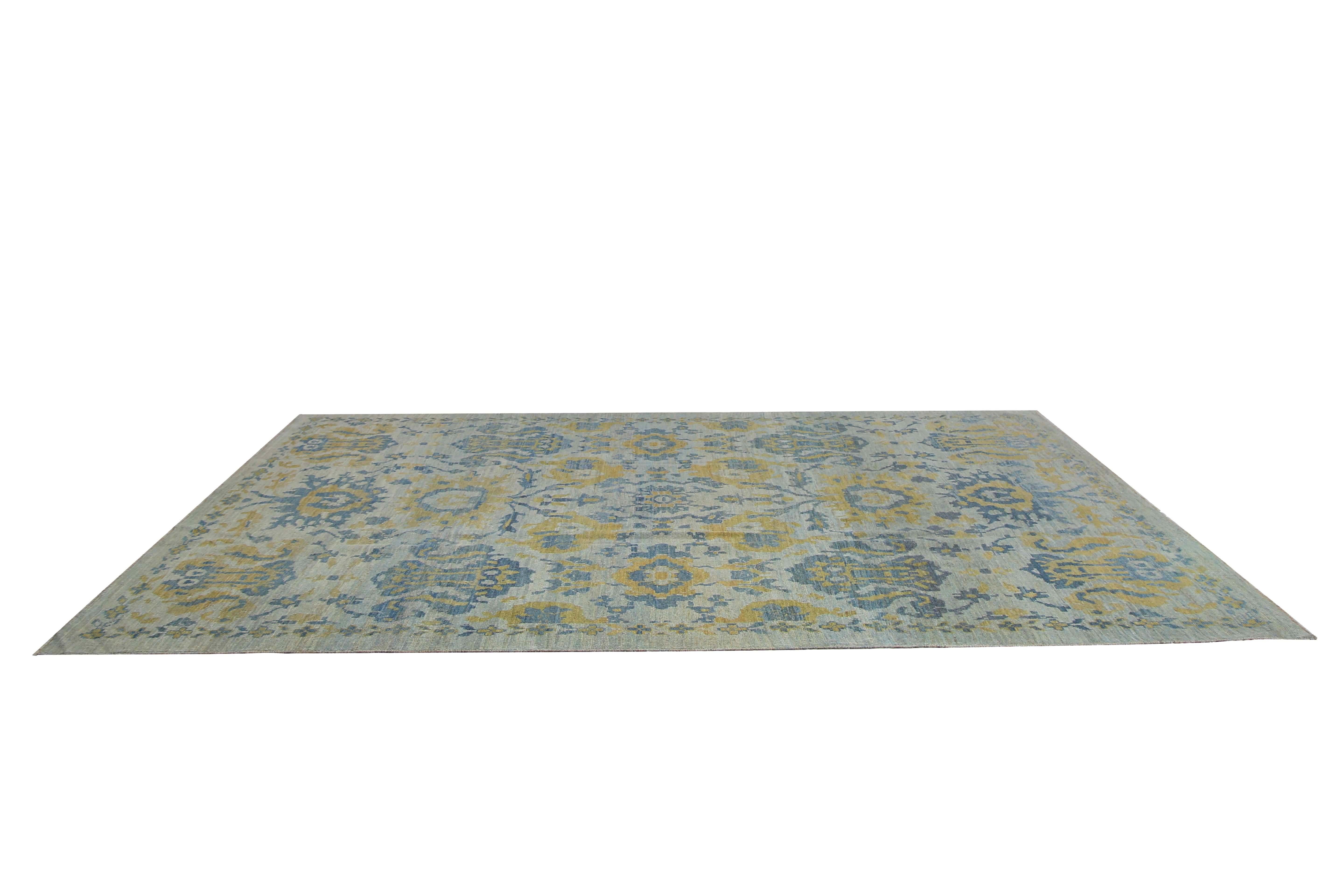 Hand-Woven Vivid Blue and Yellow Turkish Sultanabad Rug For Sale