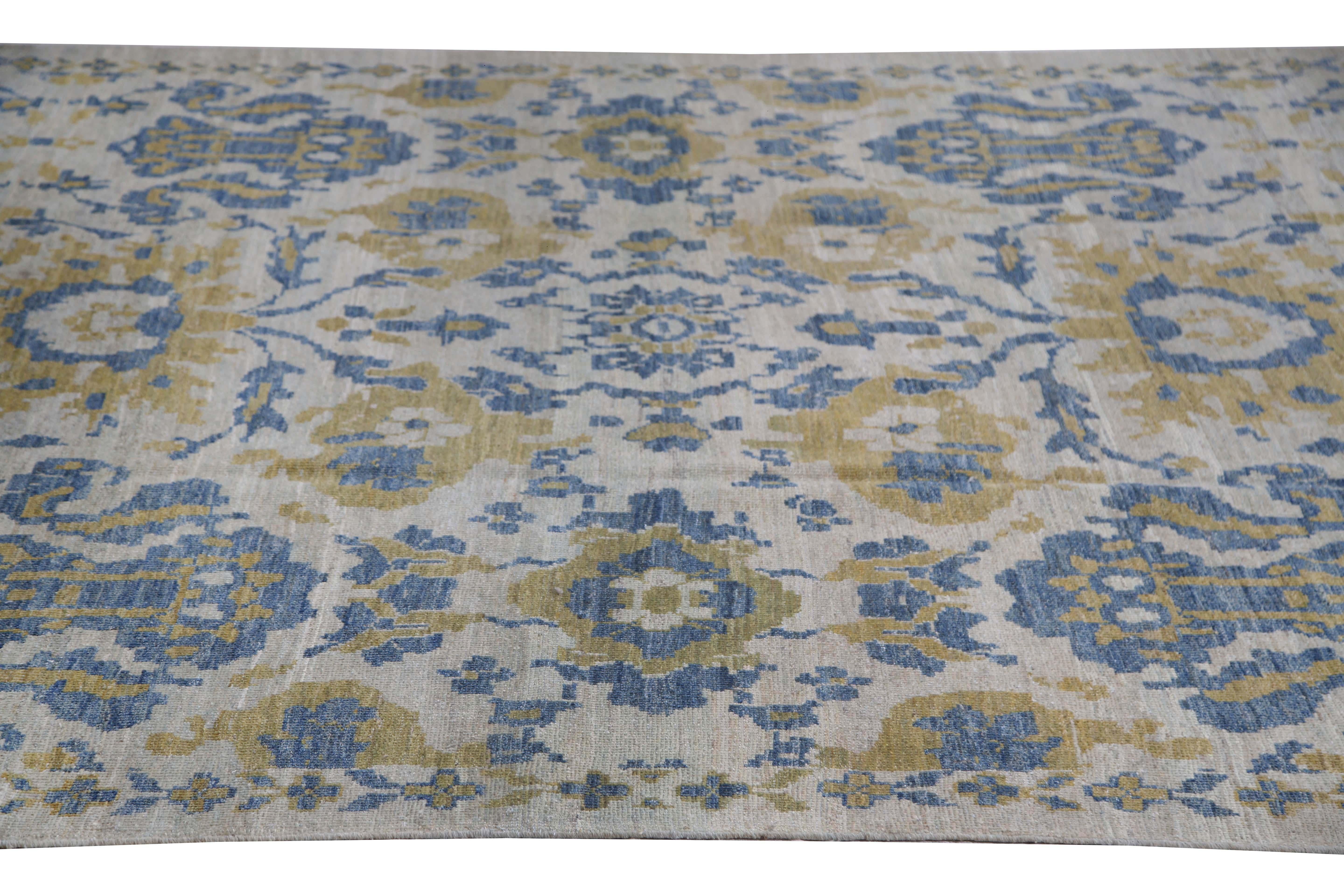 Vivid Blue and Yellow Turkish Sultanabad Rug In New Condition For Sale In Dallas, TX