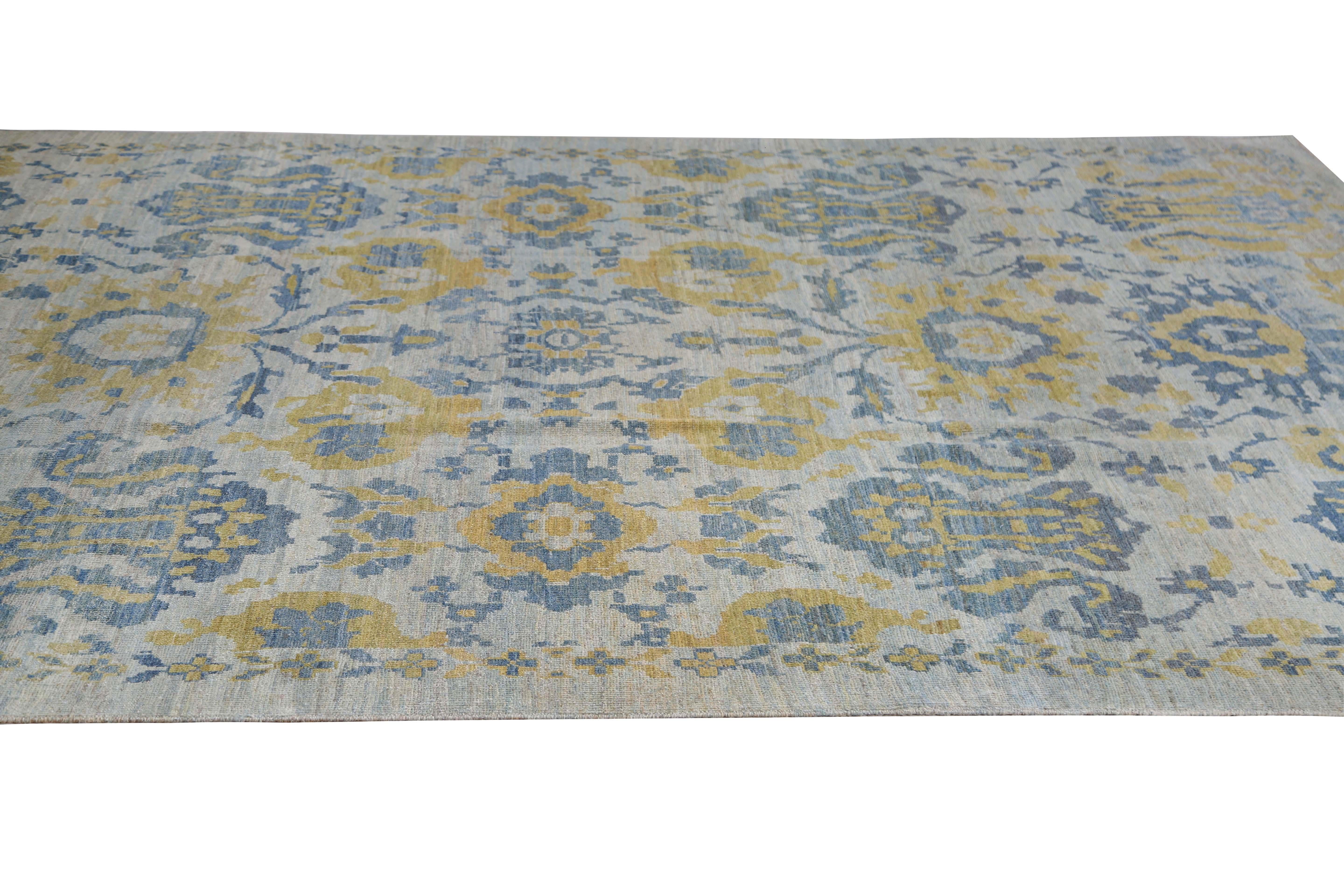 Vivid Blue and Yellow Turkish Sultanabad Rug In New Condition For Sale In Dallas, TX
