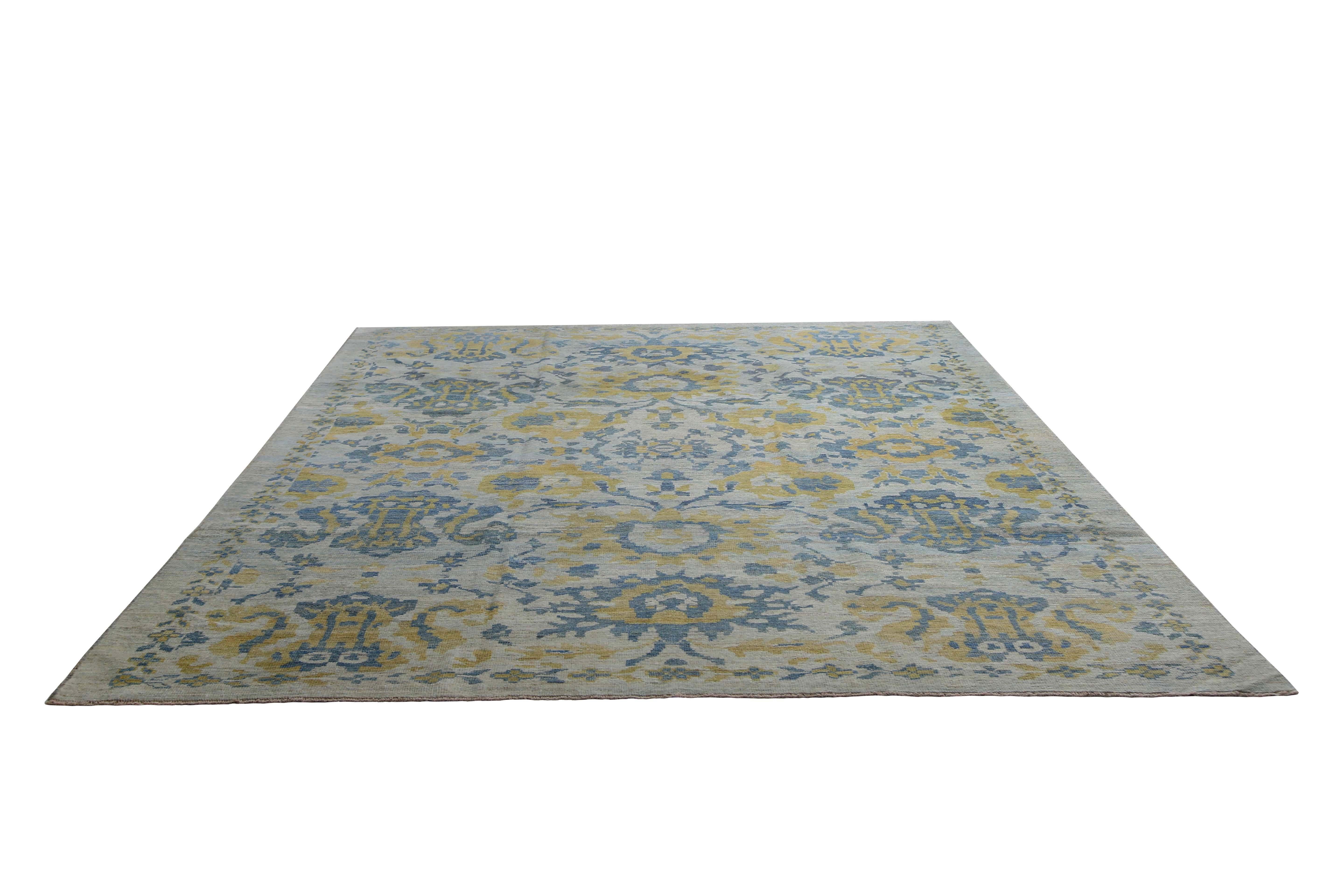 Contemporary Vivid Blue and Yellow Turkish Sultanabad Rug For Sale
