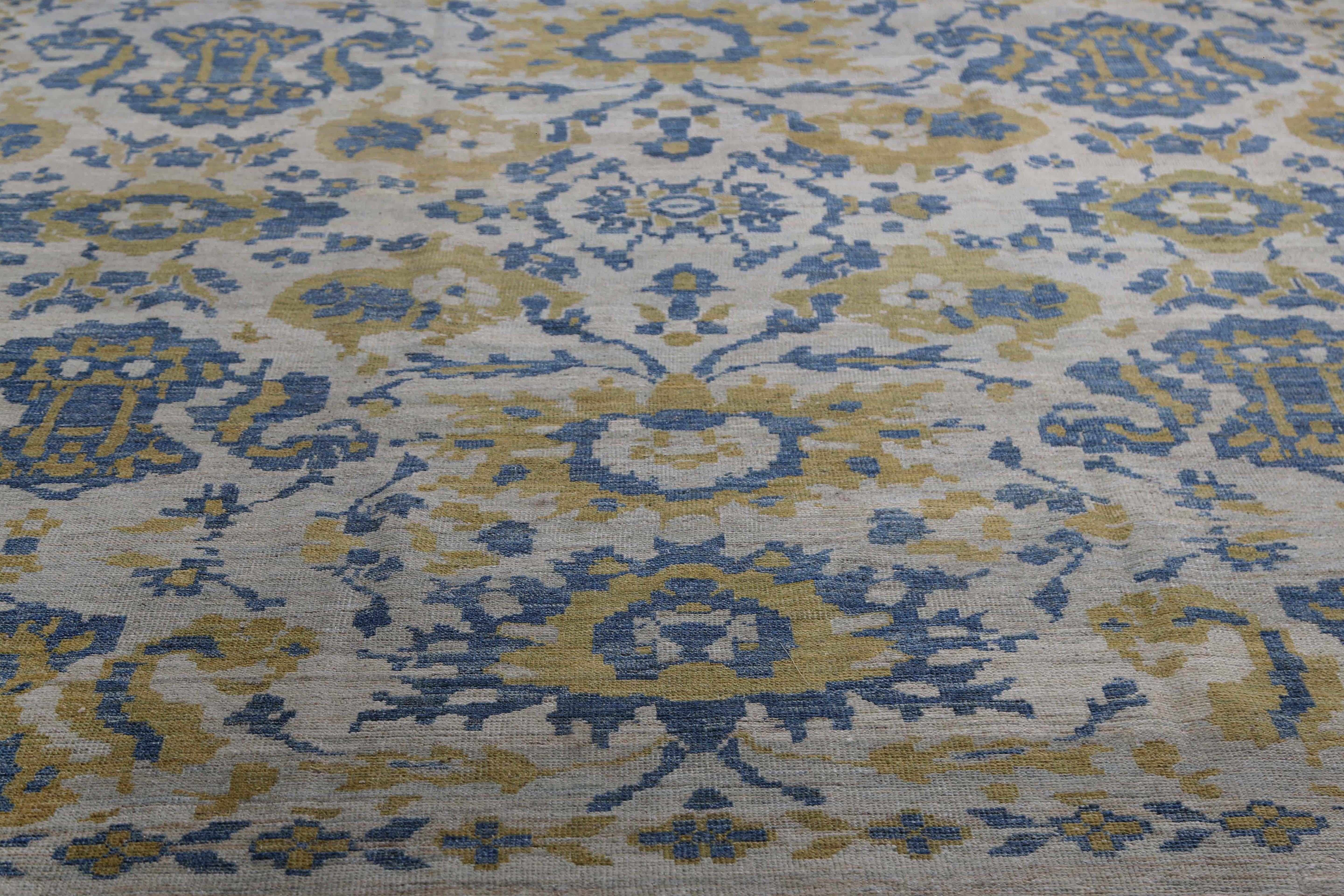 Wool Vivid Blue and Yellow Turkish Sultanabad Rug For Sale