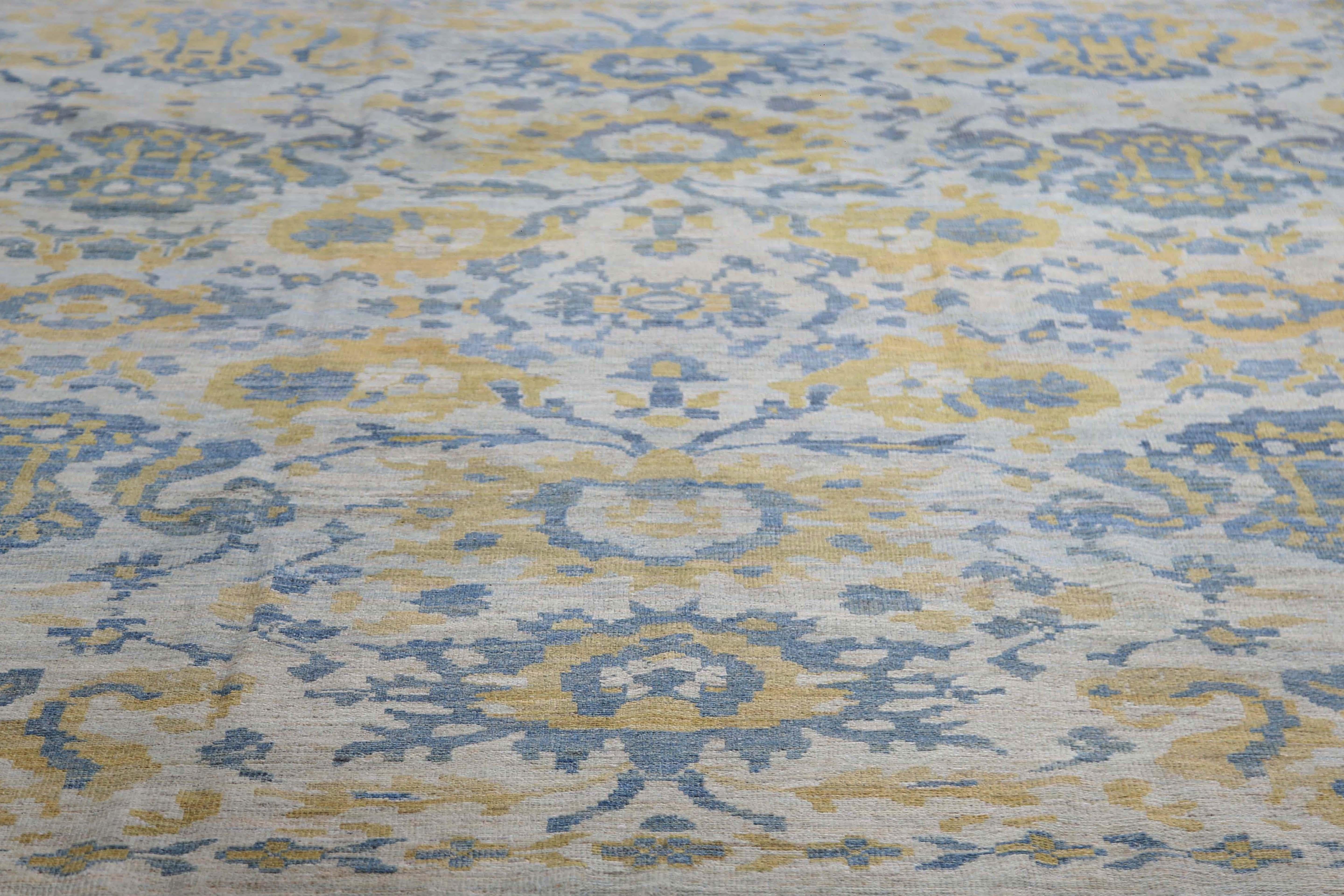 Wool Vivid Blue and Yellow Turkish Sultanabad Rug For Sale