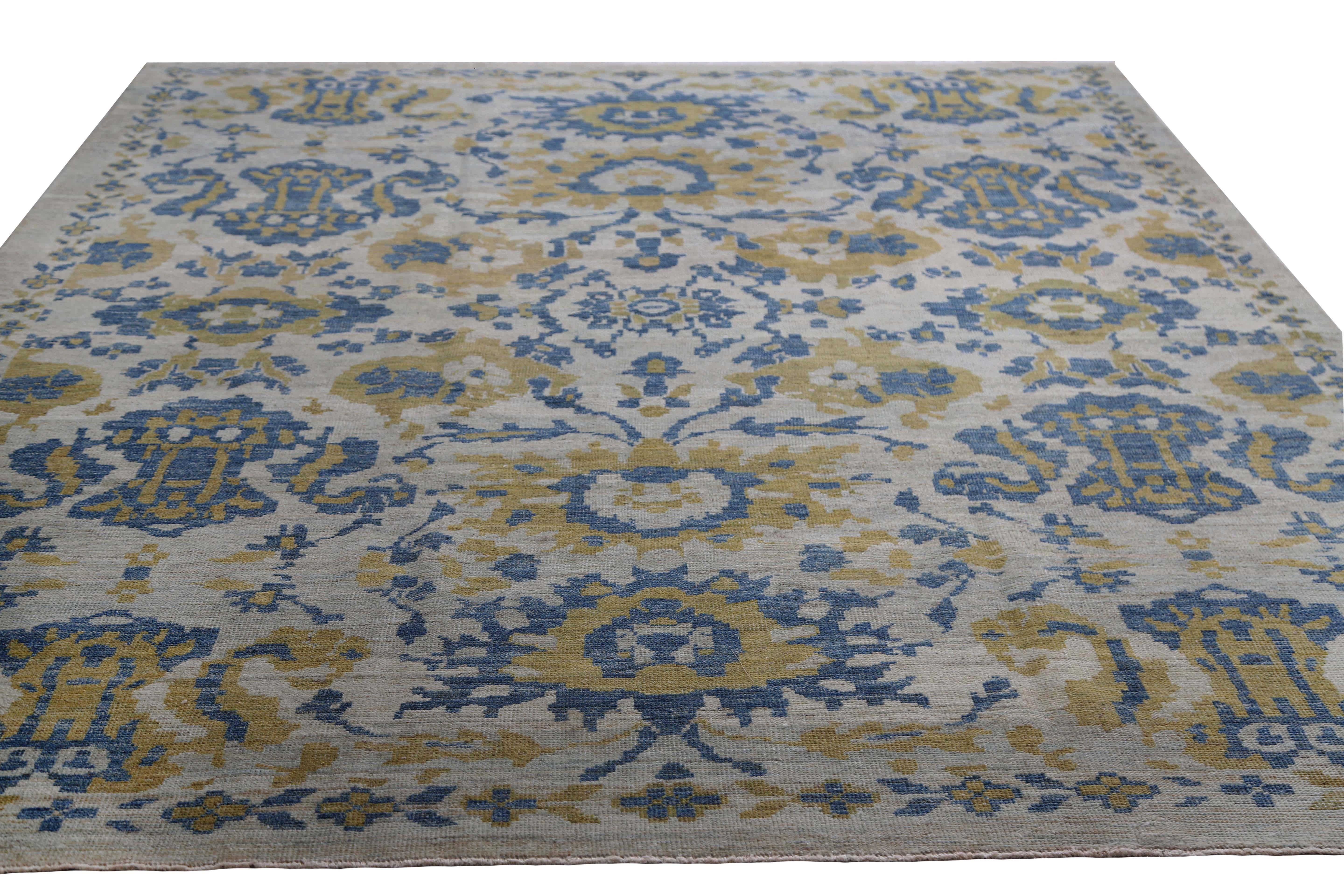 Vivid Blue and Yellow Turkish Sultanabad Rug For Sale 1