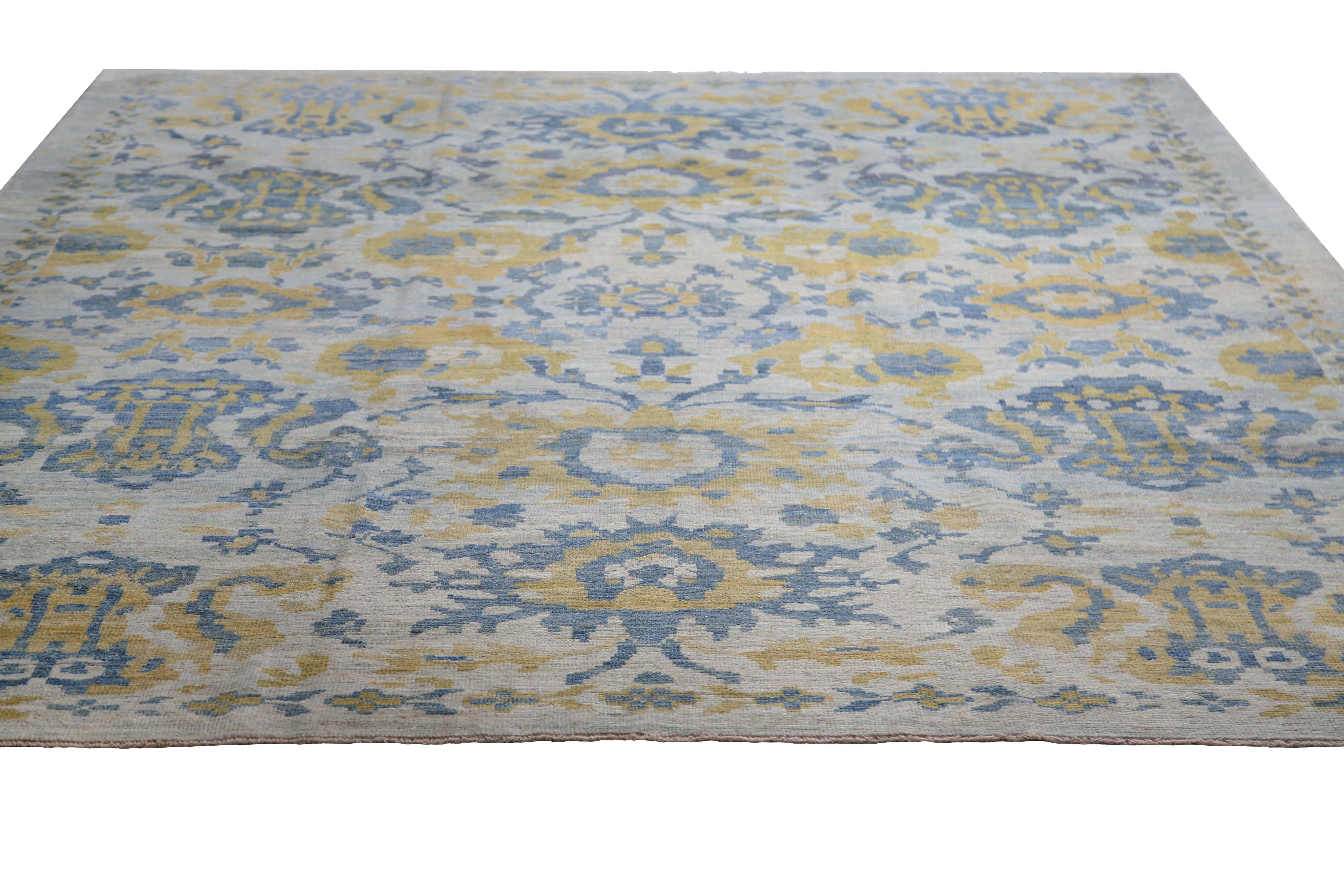 Vivid Blue and Yellow Turkish Sultanabad Rug For Sale 1