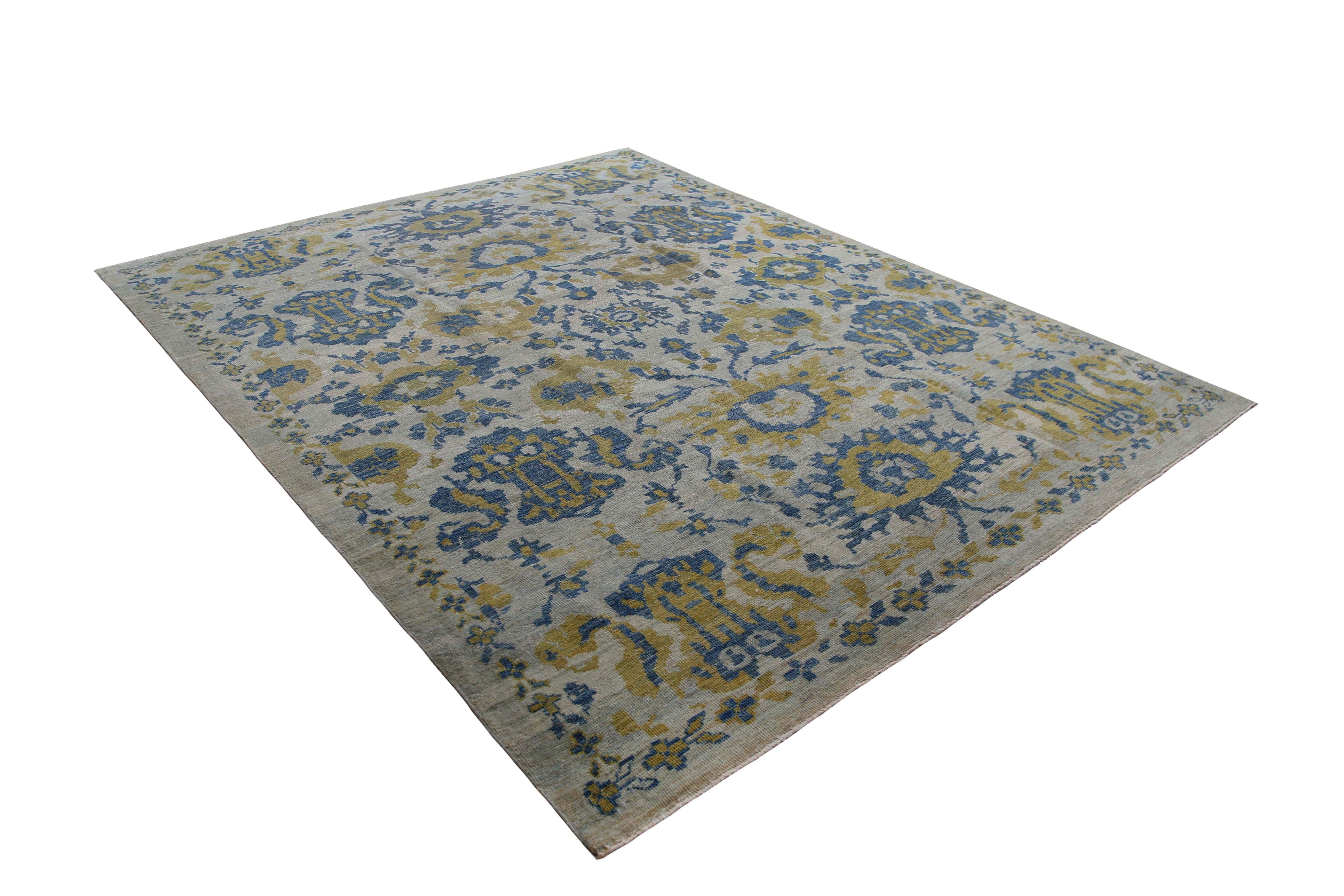 Vivid Blue and Yellow Turkish Sultanabad Rug For Sale 2