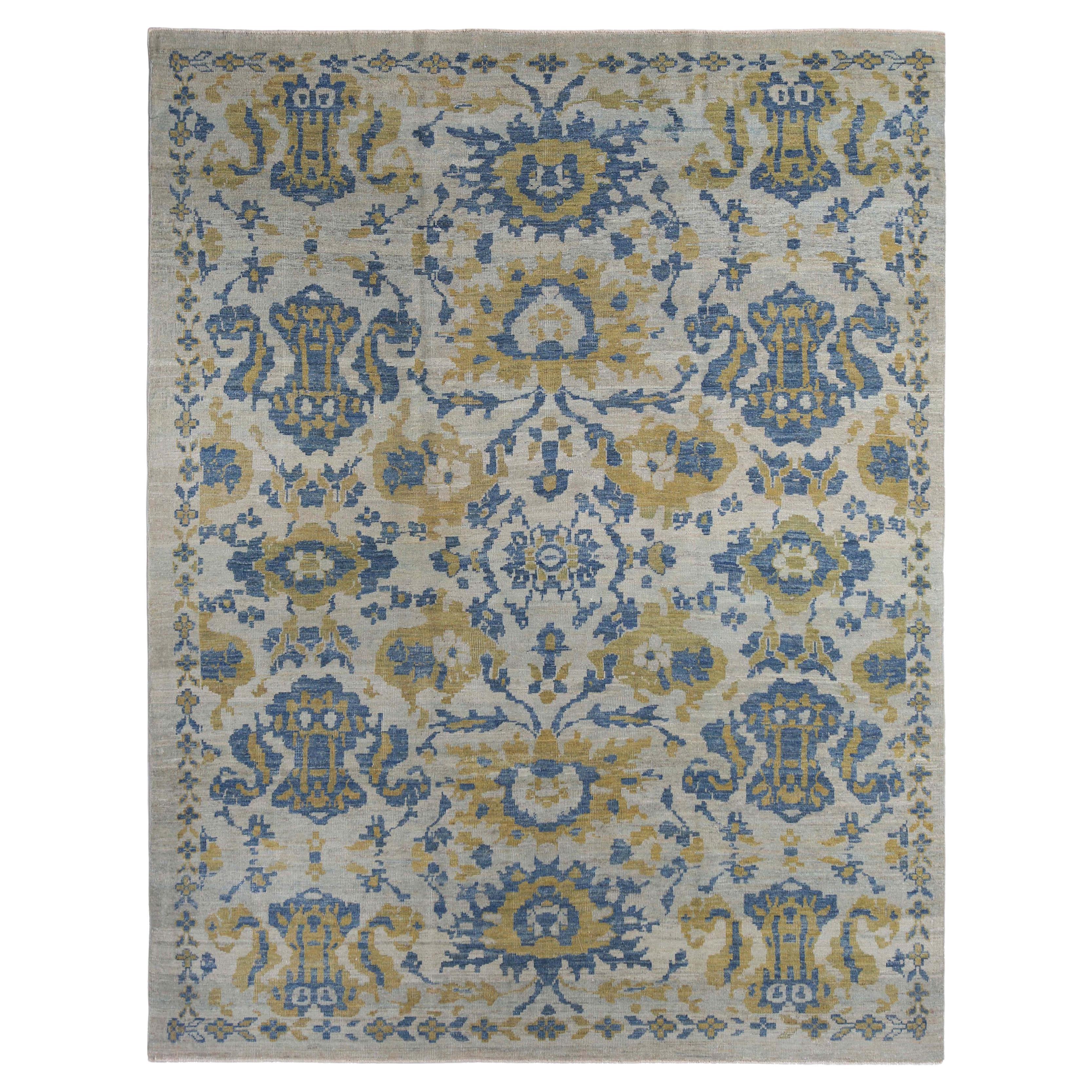 Vivid Blue and Yellow Turkish Sultanabad Rug For Sale