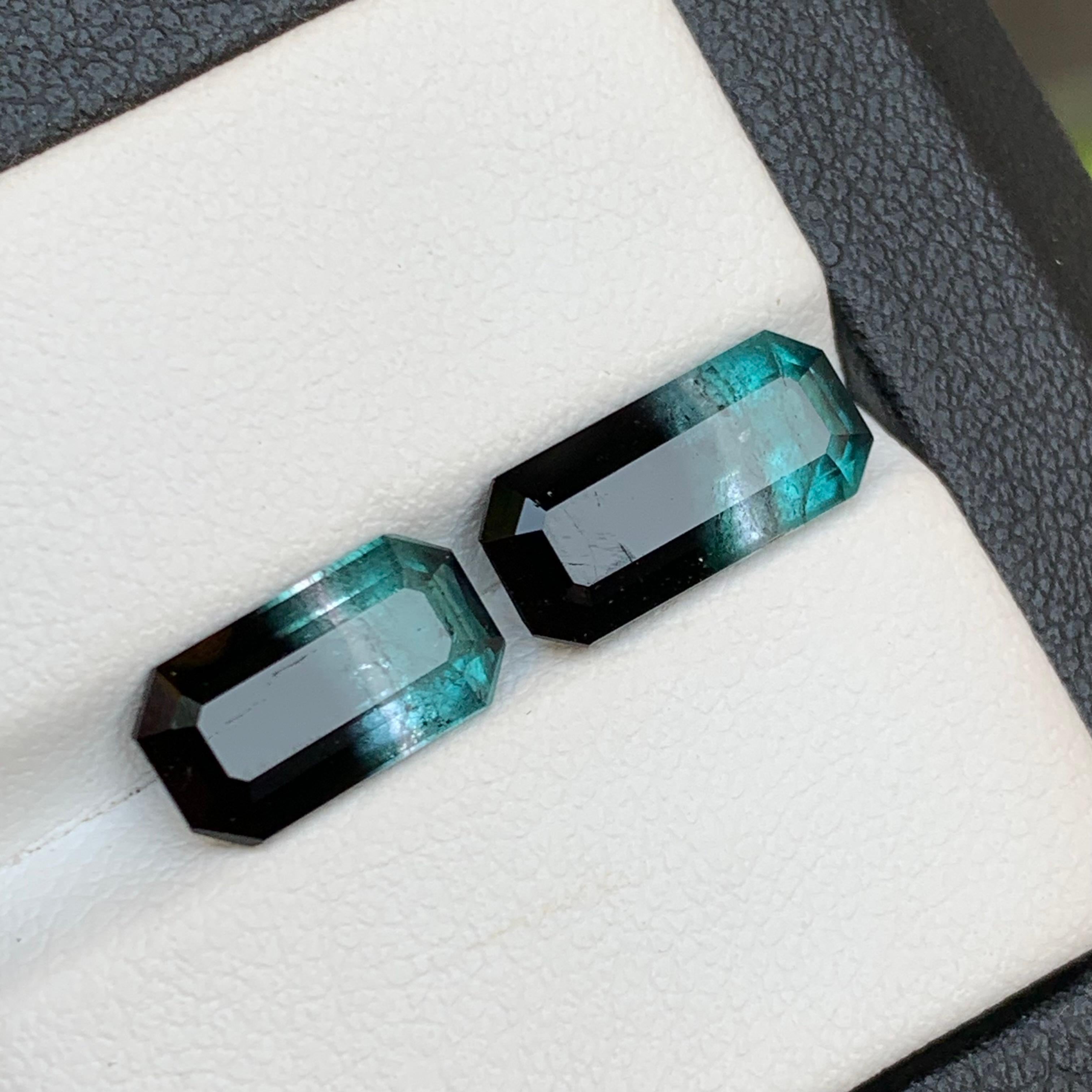 Vivid Blue & Black Bicolor Tourmaline Earrings Gemstones Pair 5.30Ct Emerald Cut For Sale 5