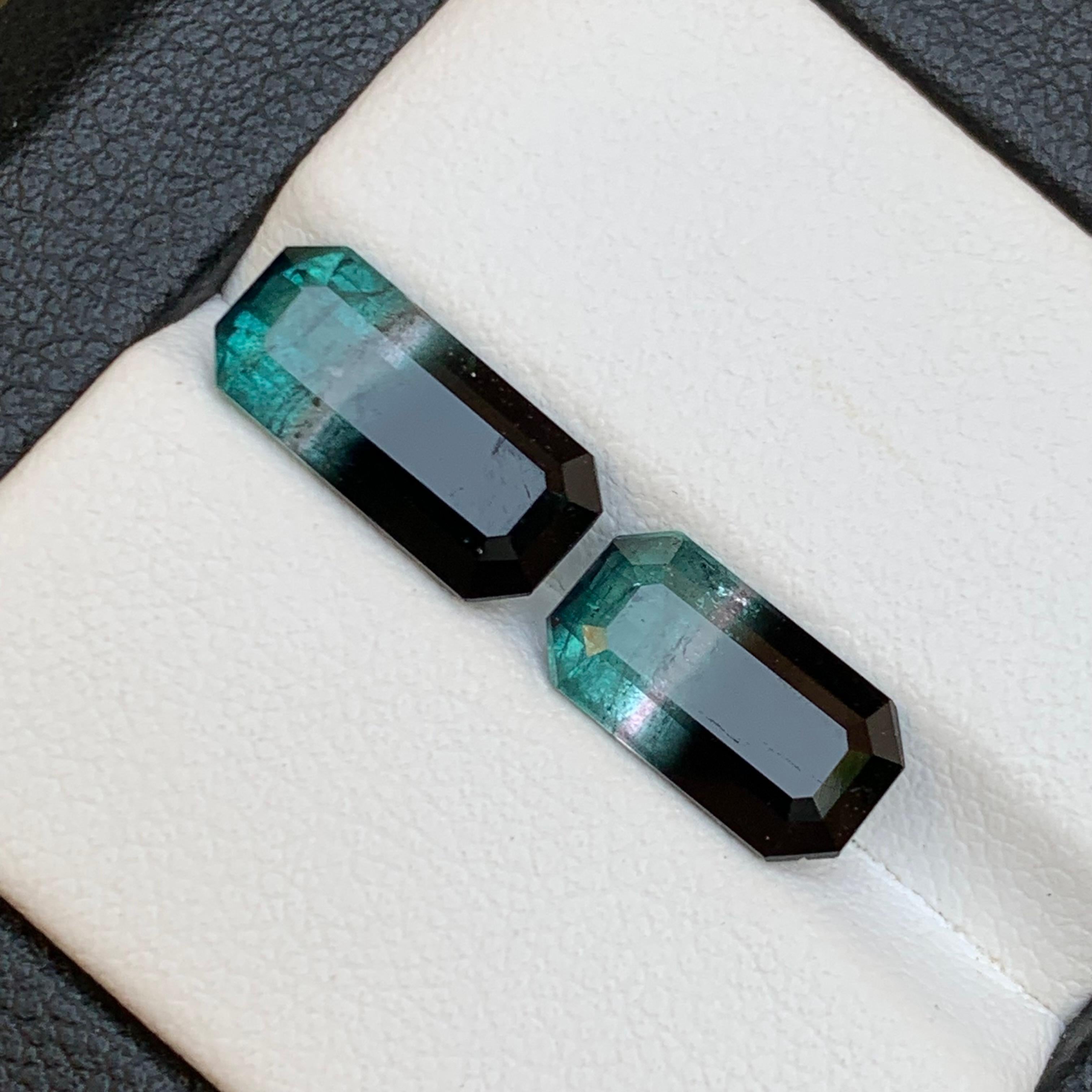 Contemporary Vivid Blue & Black Bicolor Tourmaline Earrings Gemstones Pair 5.30Ct Emerald Cut For Sale
