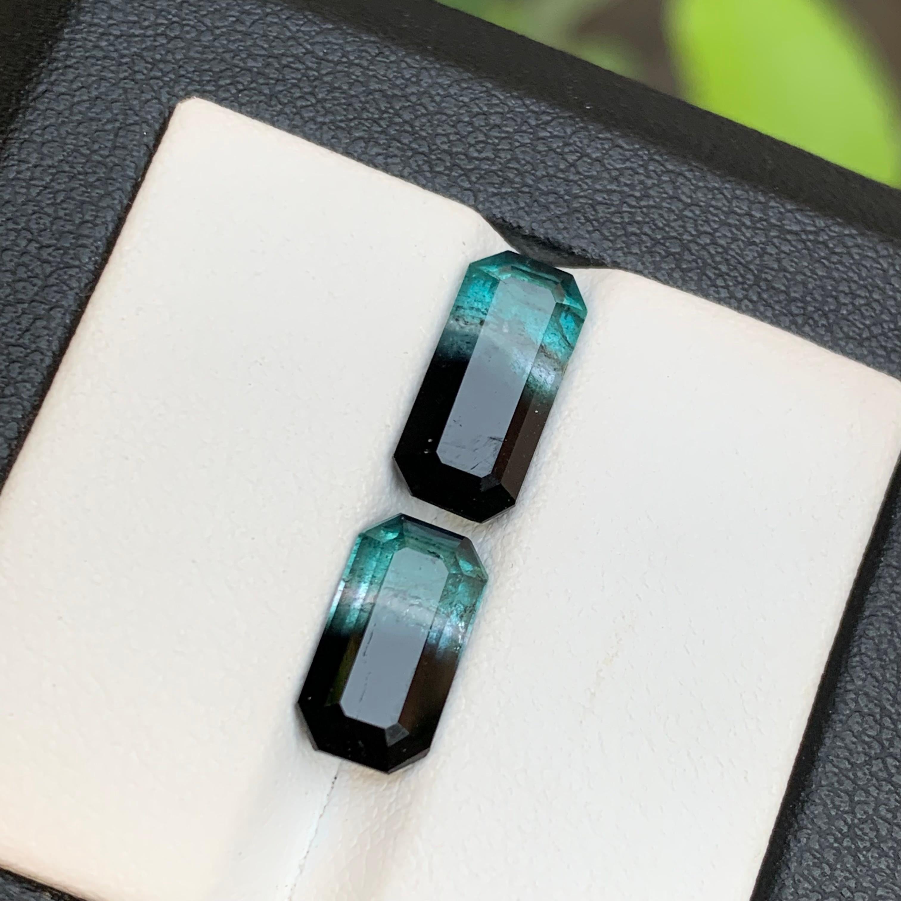 Vivid Blue & Black Bicolor Tourmaline Earrings Gemstones Pair 5.30Ct Emerald Cut In New Condition For Sale In Peshawar, PK