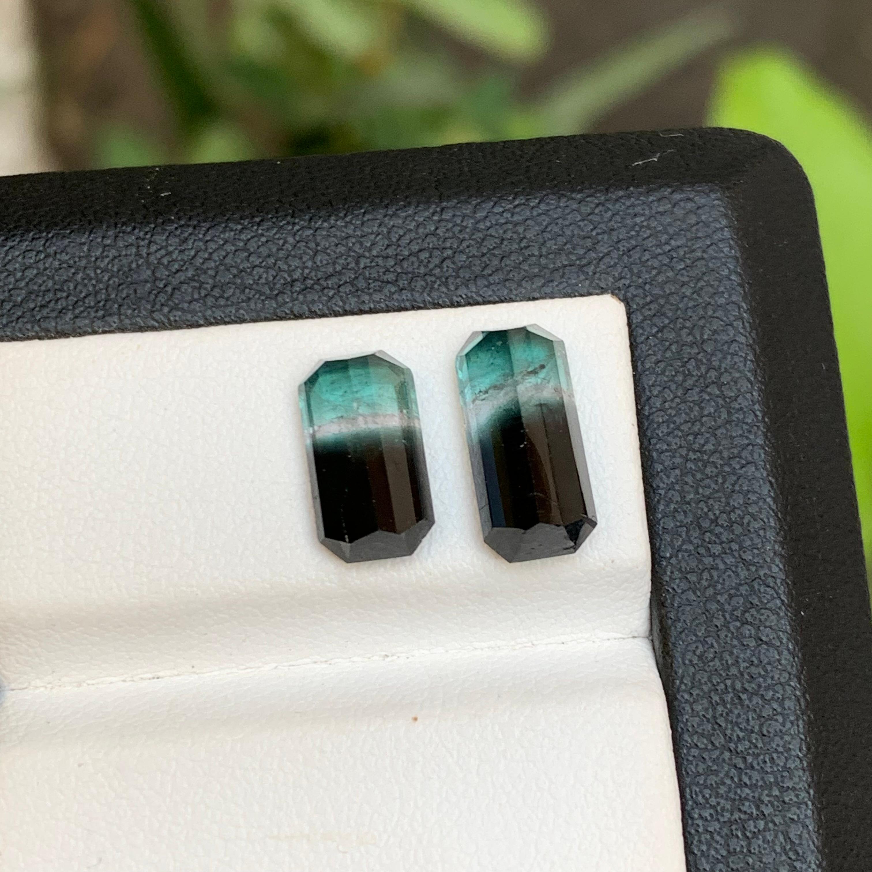 Women's or Men's Vivid Blue & Black Bicolor Tourmaline Earrings Gemstones Pair 5.30Ct Emerald Cut For Sale
