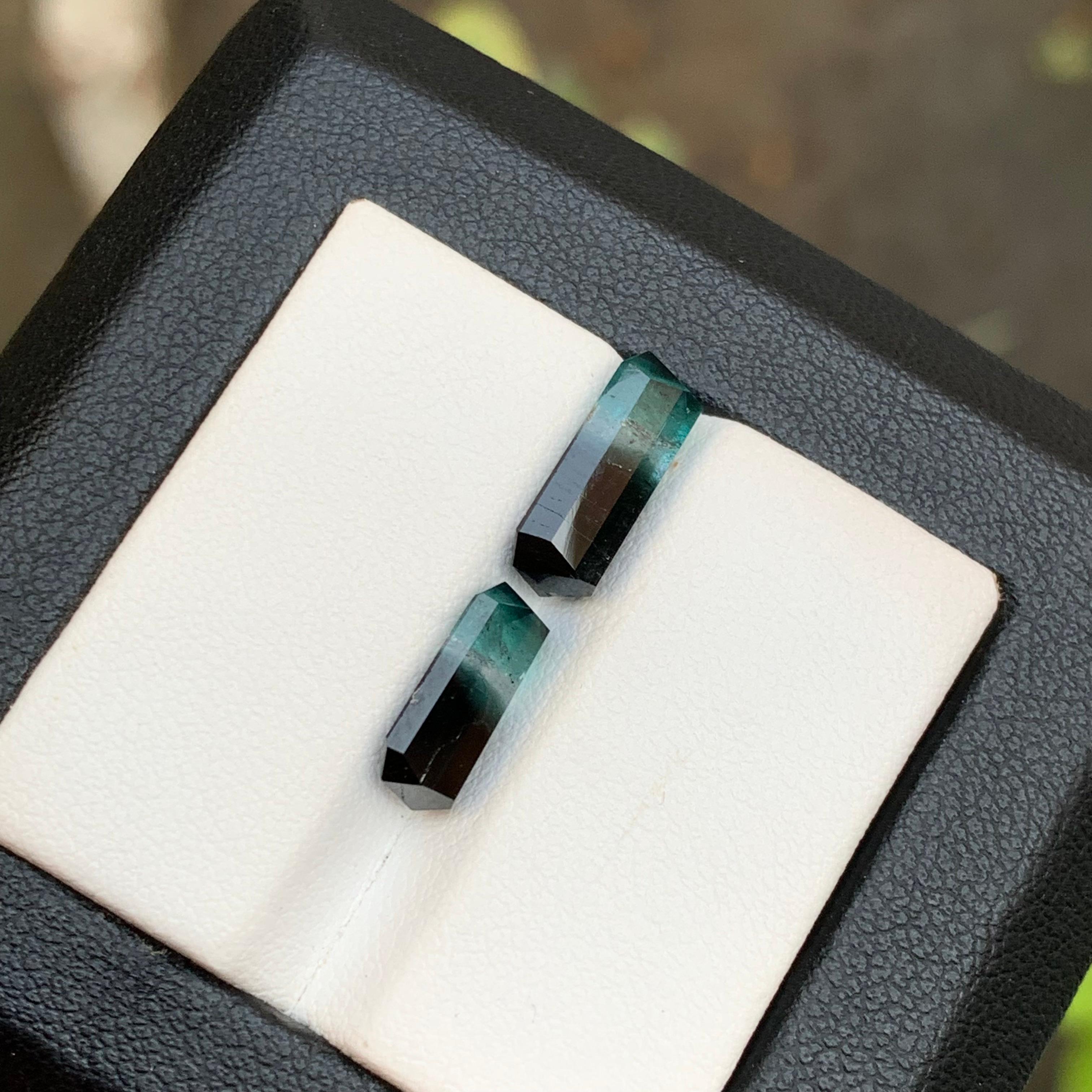 Vivid Blue & Black Bicolor Tourmaline Earrings Gemstones Pair 5.30Ct Emerald Cut For Sale 1