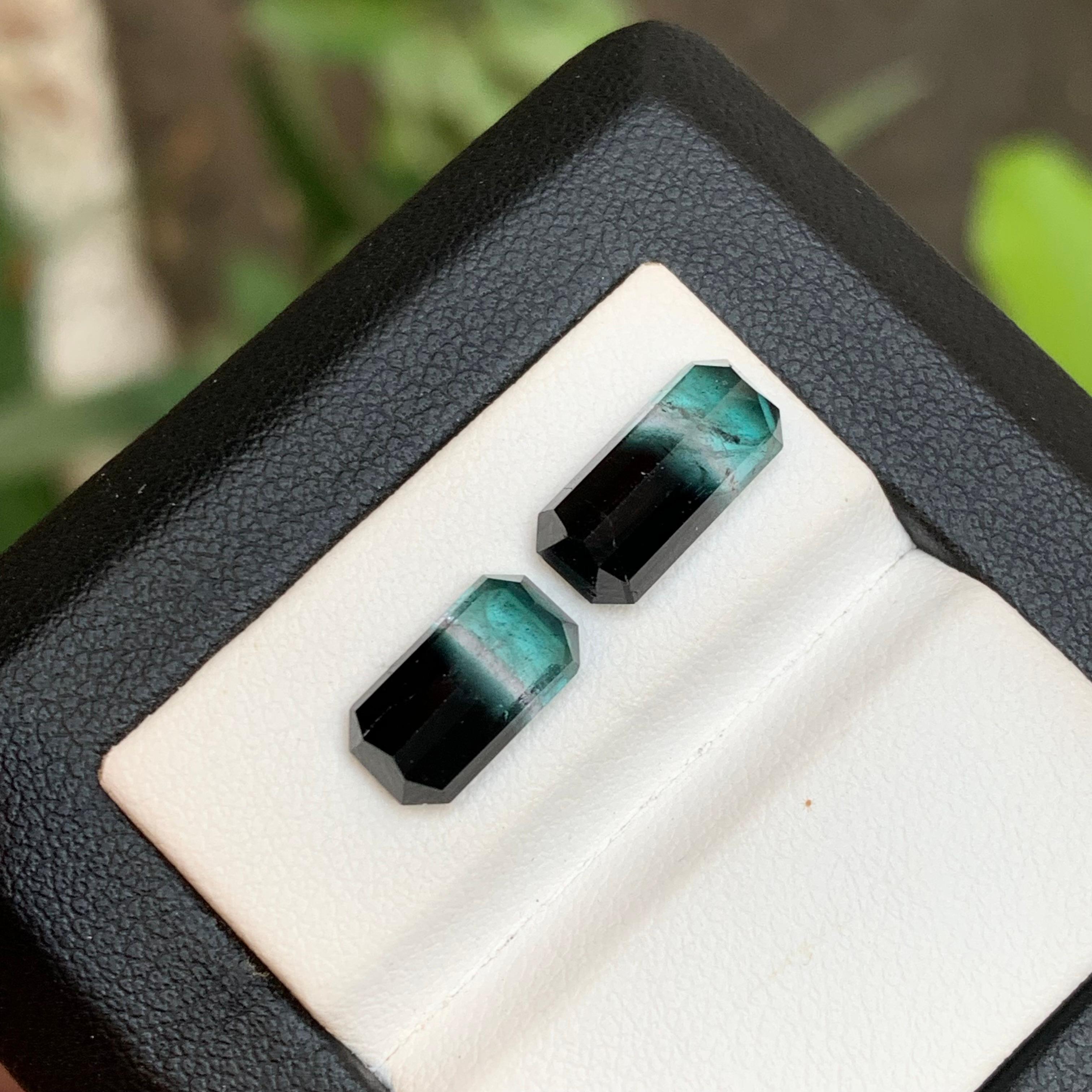 Vivid Blue & Black Bicolor Tourmaline Earrings Gemstones Pair 5.30Ct Emerald Cut For Sale 2