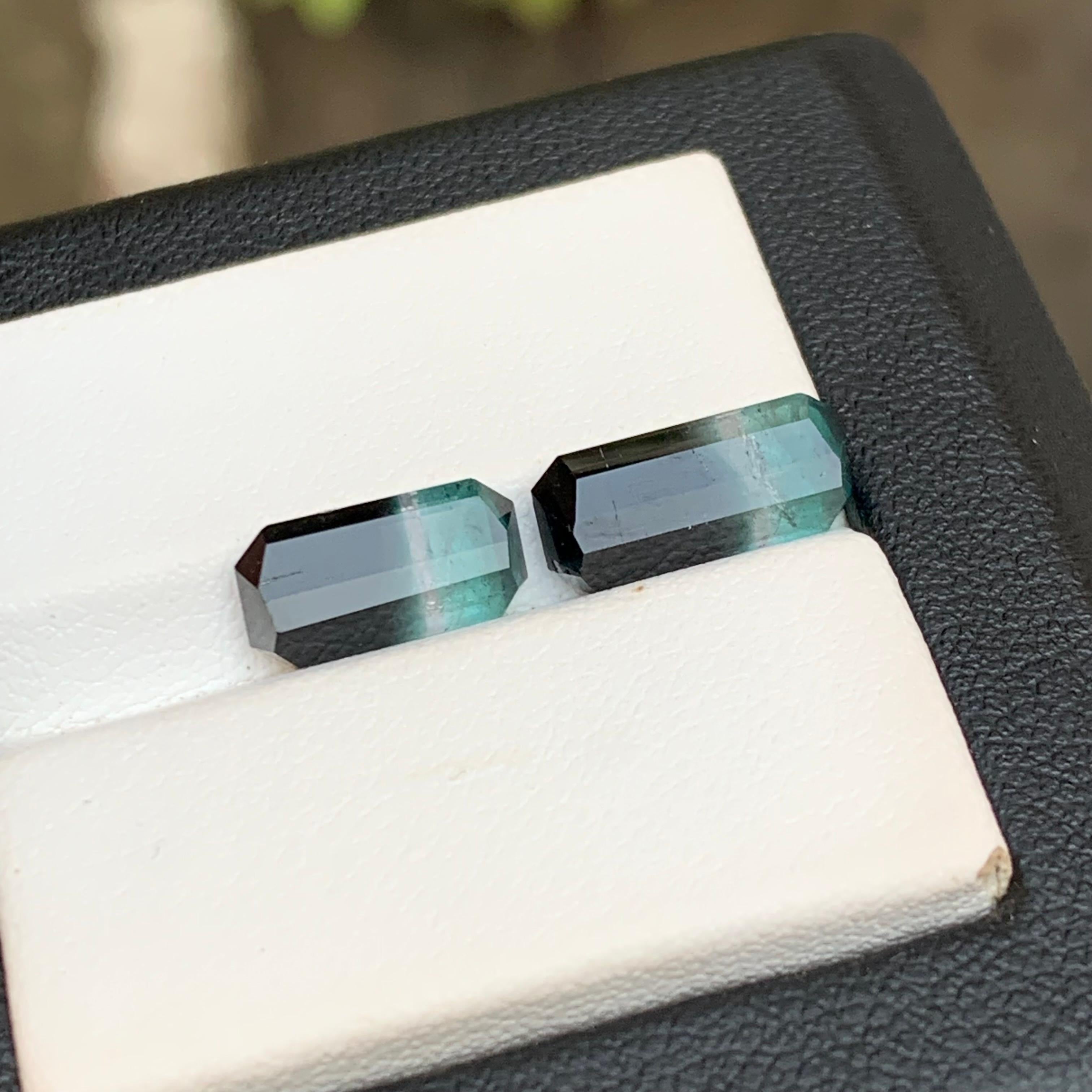Vivid Blue & Black Bicolor Tourmaline Earrings Gemstones Pair 5.30Ct Emerald Cut For Sale 3
