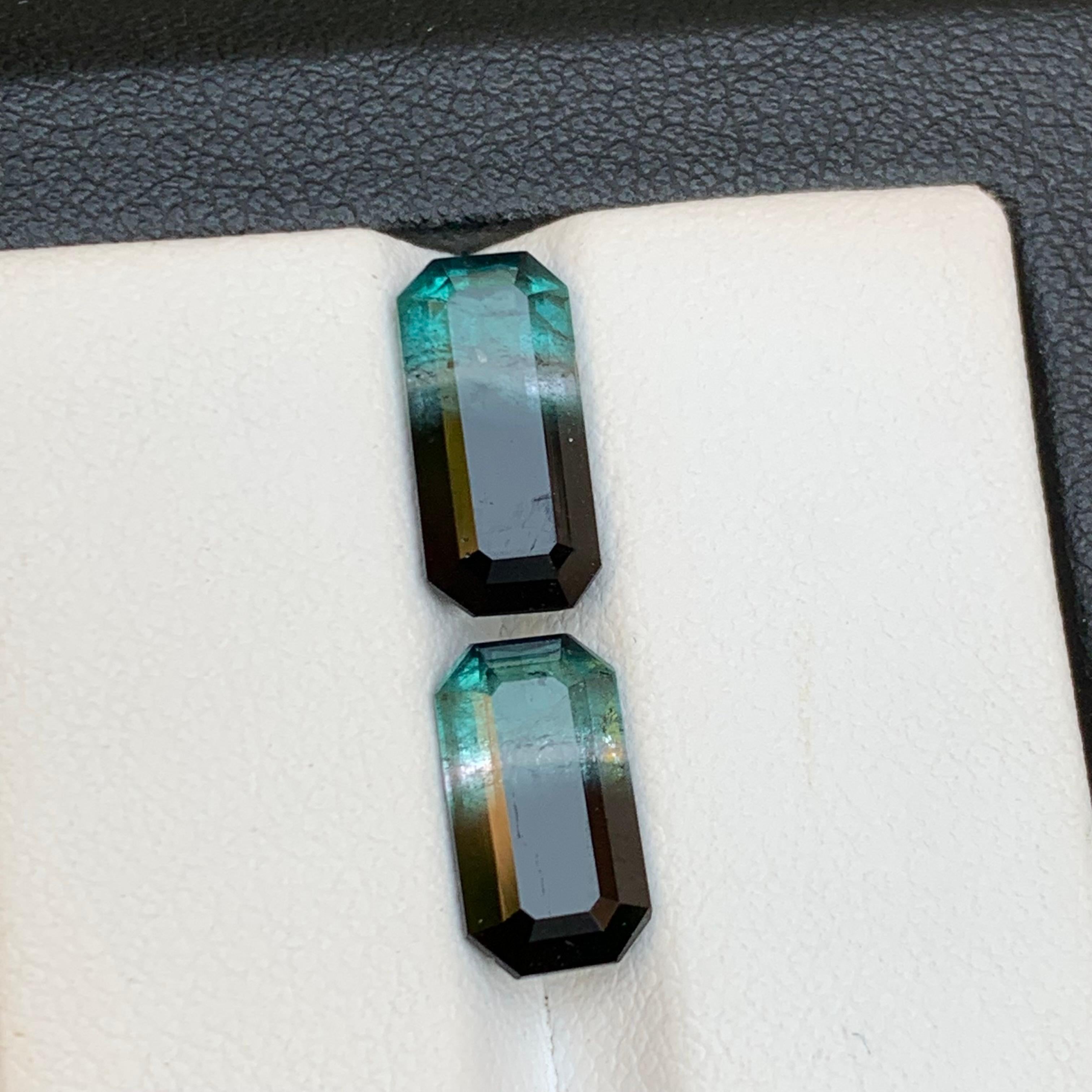 Vivid Blue & Black Bicolor Tourmaline Earrings Gemstones Pair 5.30Ct Emerald Cut For Sale 4