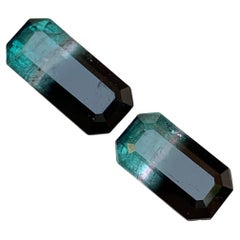 Vivid Blue & Black Bicolor Tourmaline Earrings Gemstones Pair 5.30Ct Emerald Cut