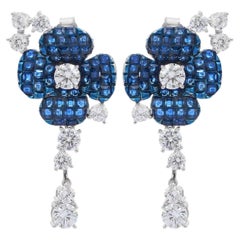 Vivid Bluecolor Rhinestone Flower Wedding Drop Earrings in 925 Sterling Silver