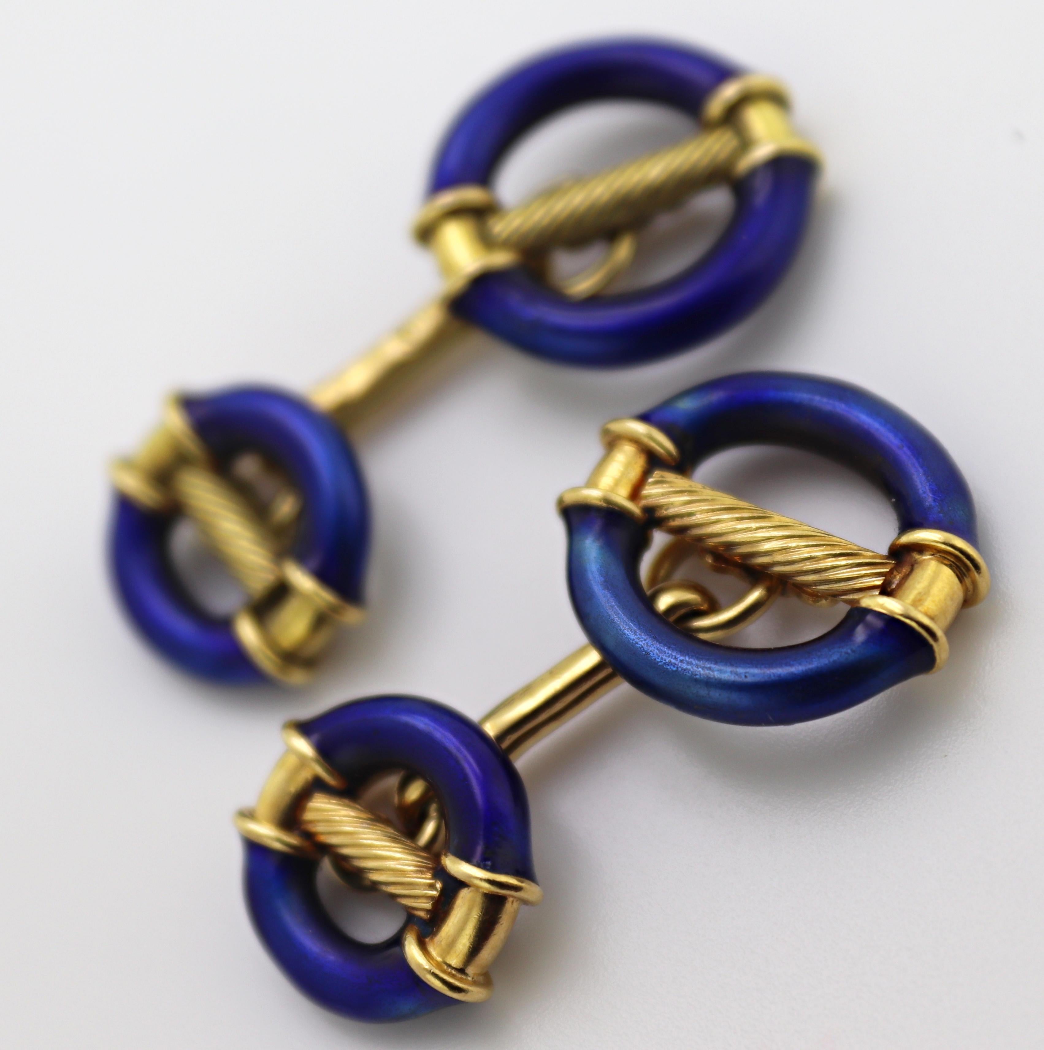 Vivid Blue Enamel Yellow Gold Cufflinks For Sale 6