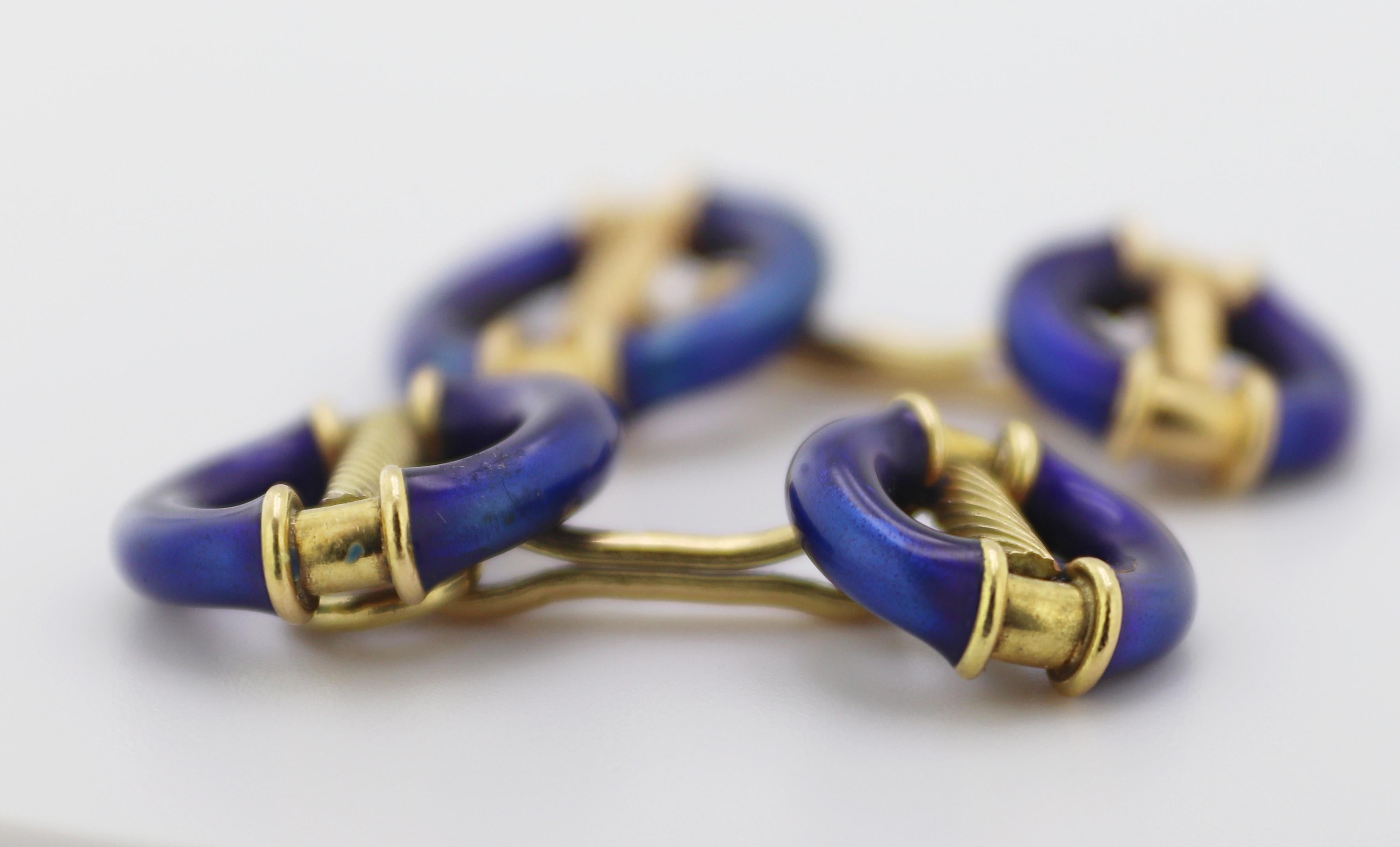 Vivid Blue Enamel Yellow Gold Cufflinks In Good Condition For Sale In Pleasant Hill, CA