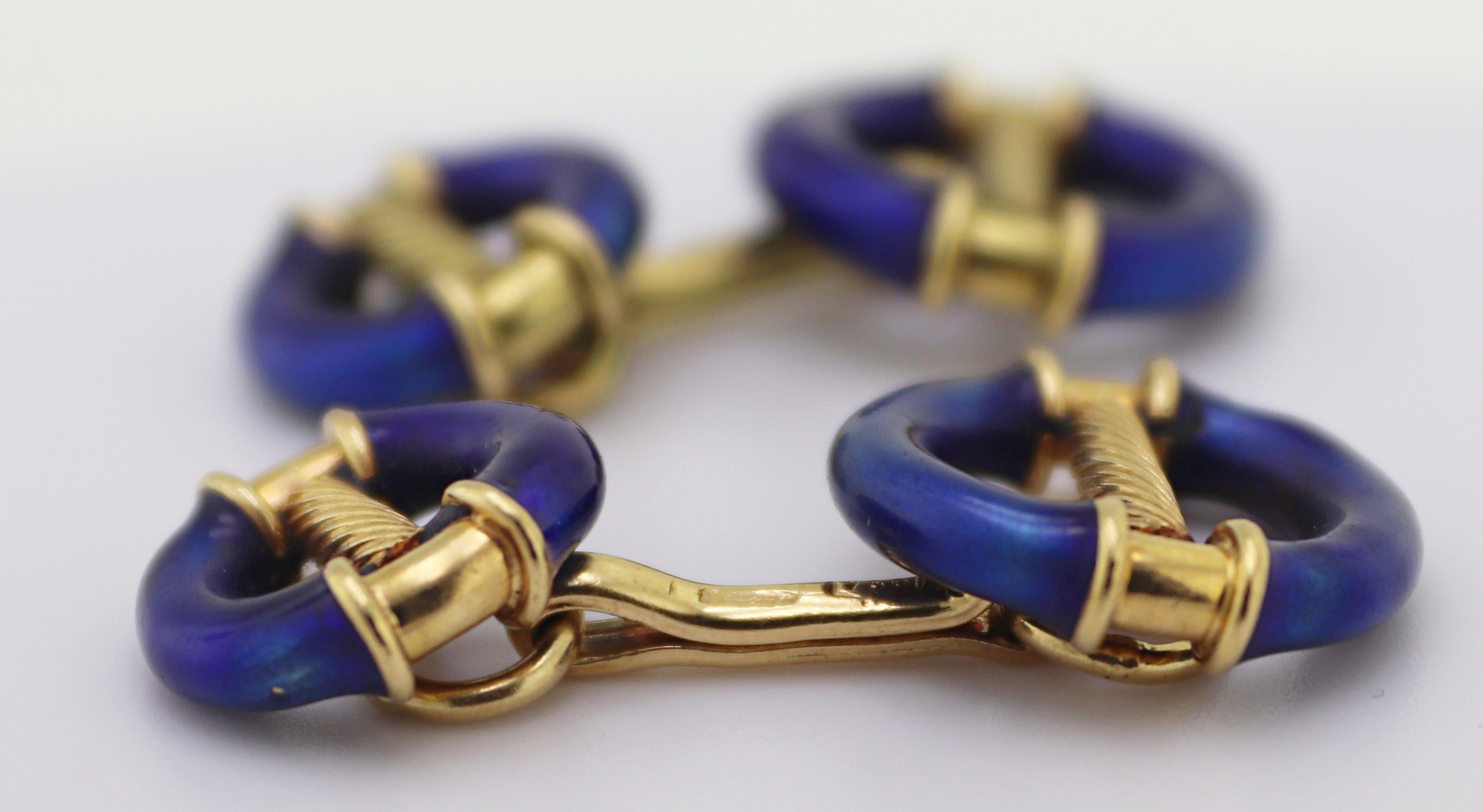 Women's or Men's Vivid Blue Enamel Yellow Gold Cufflinks For Sale