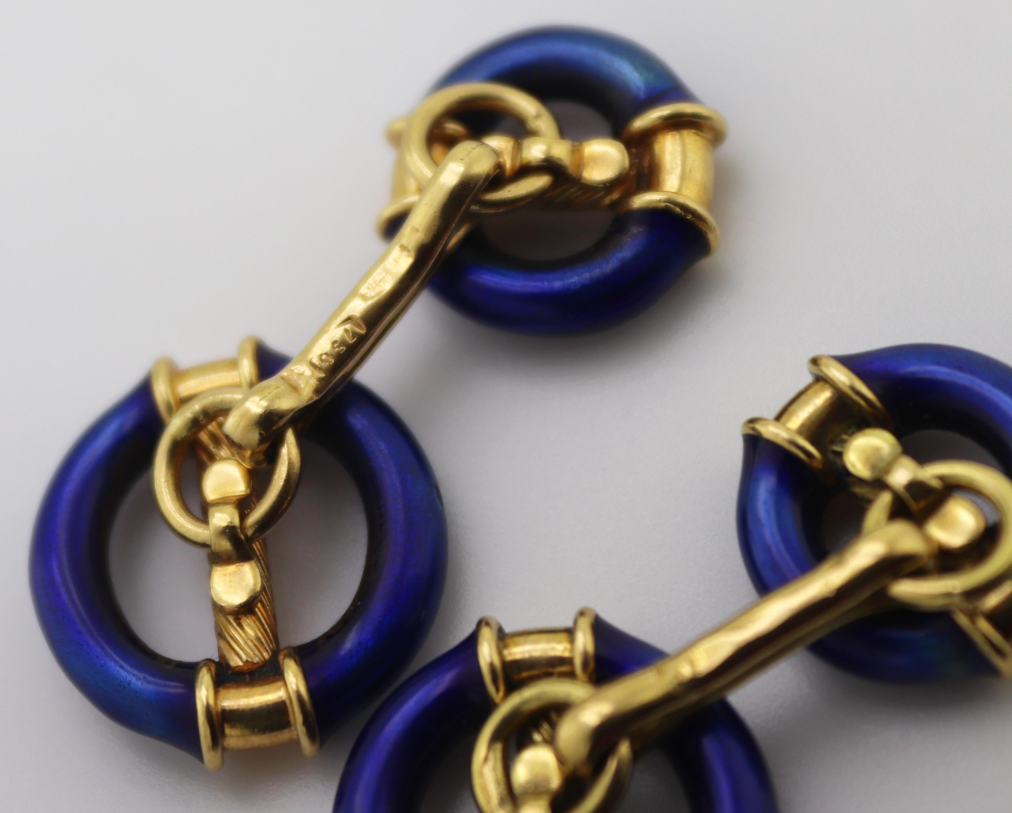 Vivid Blue Enamel Yellow Gold Cufflinks For Sale 3