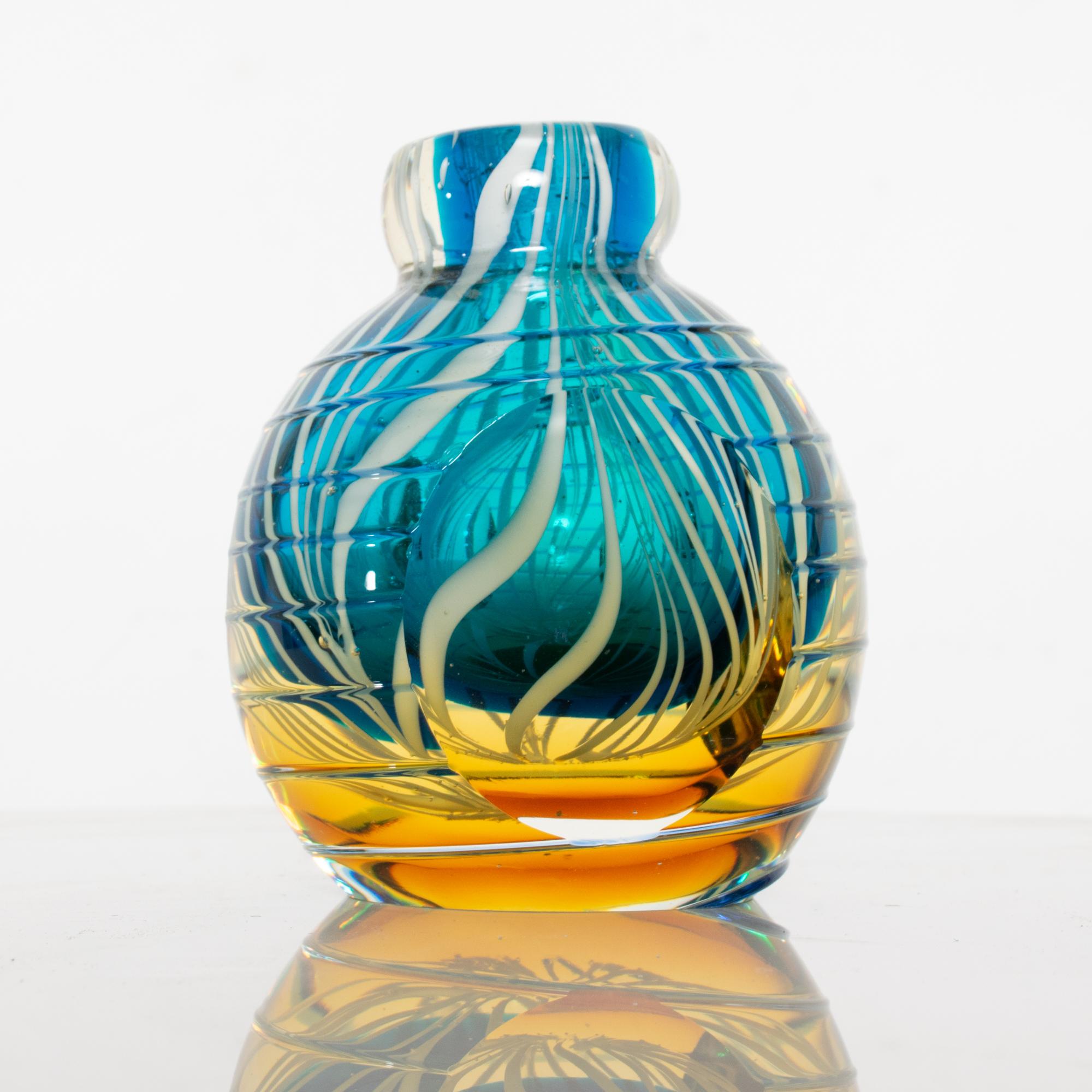 Mid-Century Modern Vivid Blue Gold & White Swirled Venetian Vase Vintage Murano Glass Italy 1970s