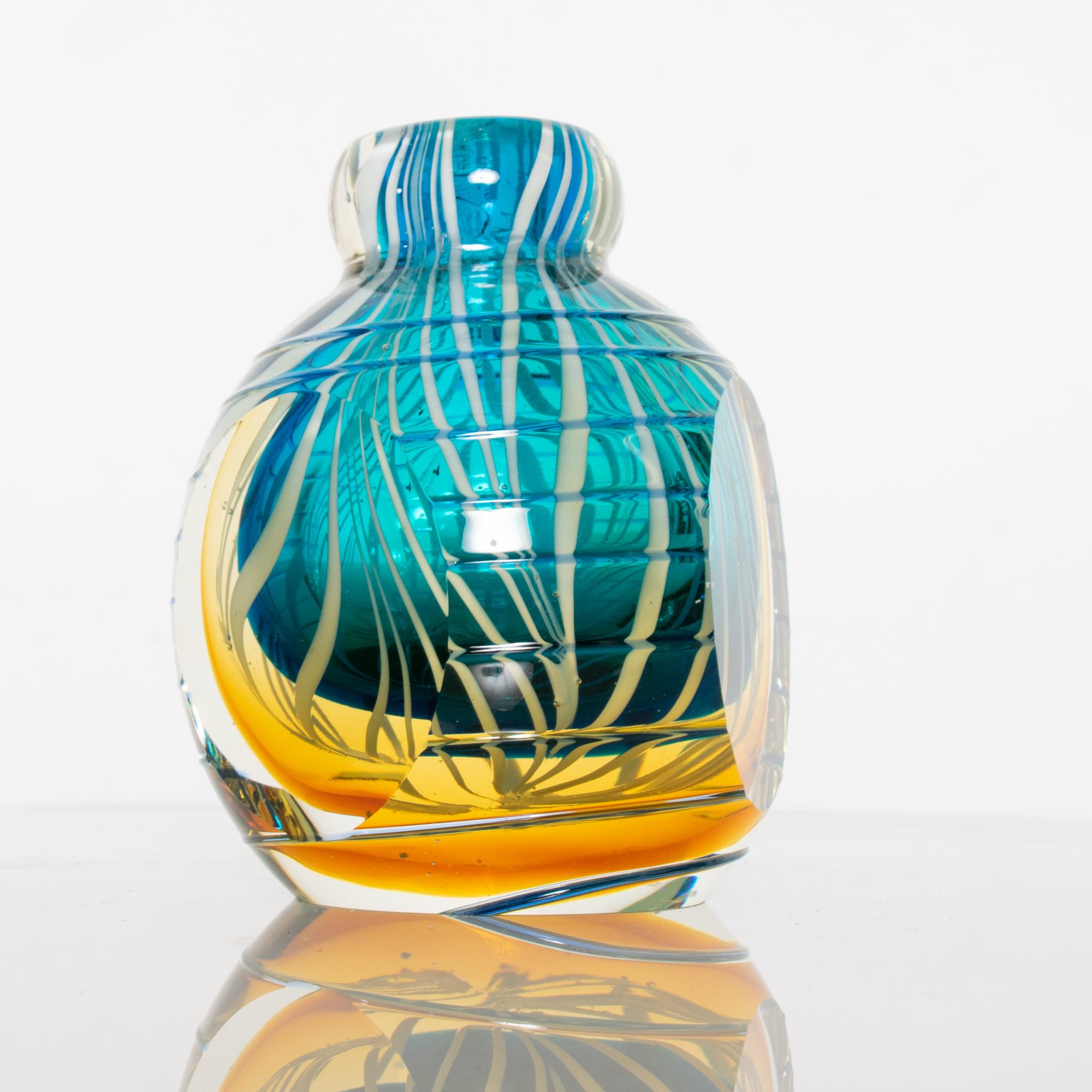 Italian Vivid Blue Gold & White Swirled Venetian Vase Vintage Murano Glass Italy 1970s