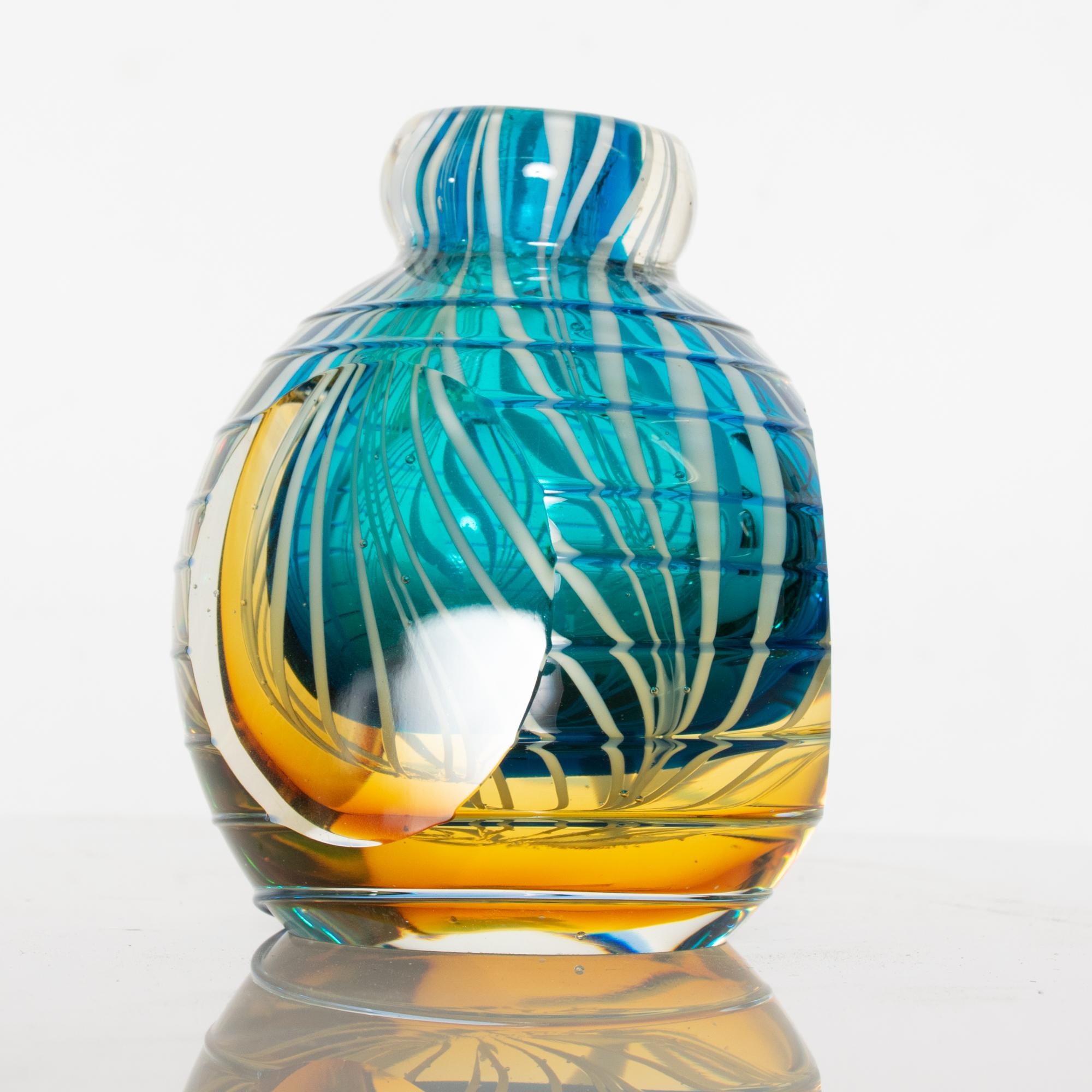 Late 20th Century Vivid Blue Gold & White Swirled Venetian Vase Vintage Murano Glass Italy 1970s