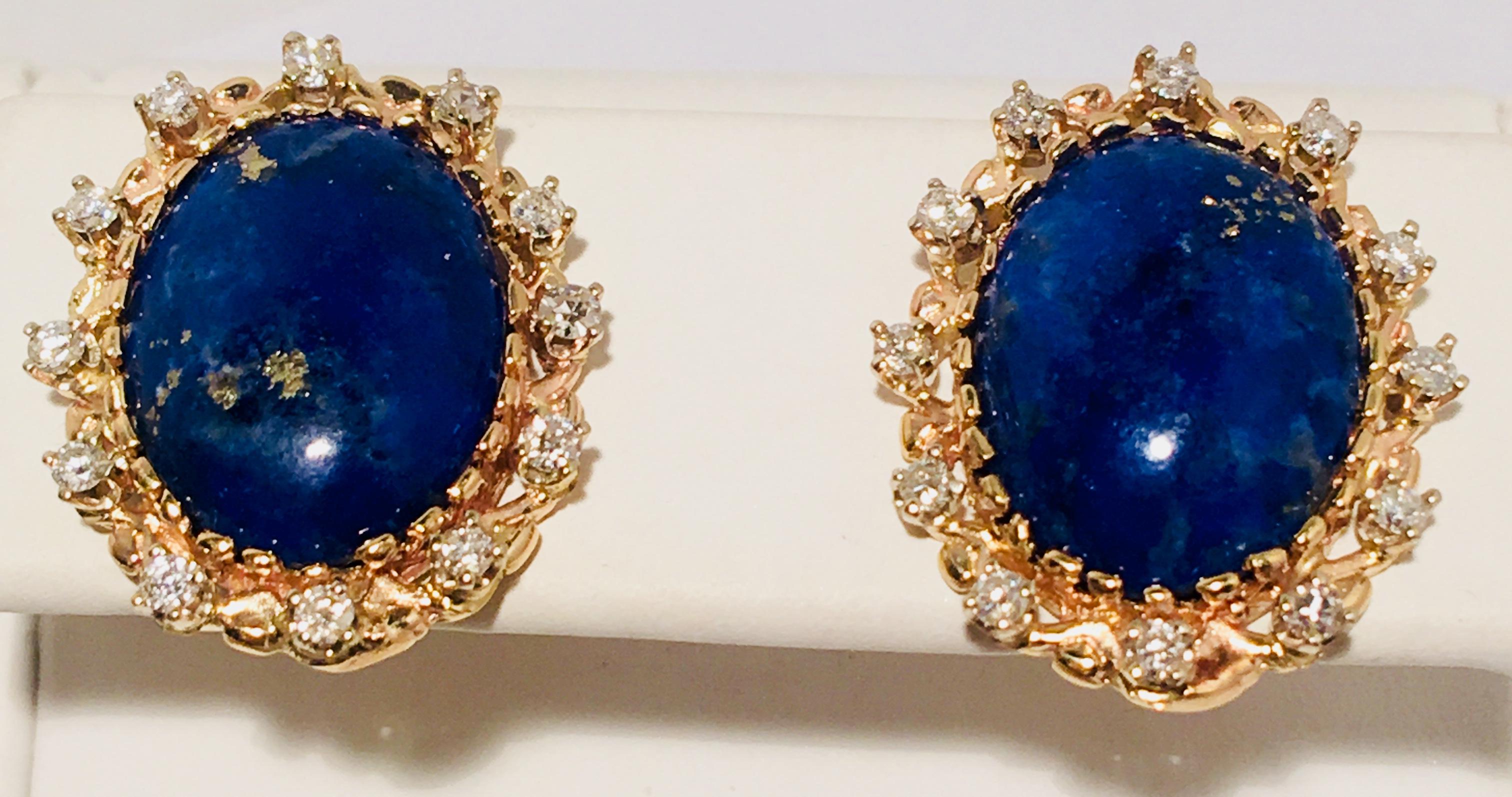 Contemporary Vivid Blue Large Oval Lapis Lazuli Diamond Halo 18 Karat Gold Post Earrings