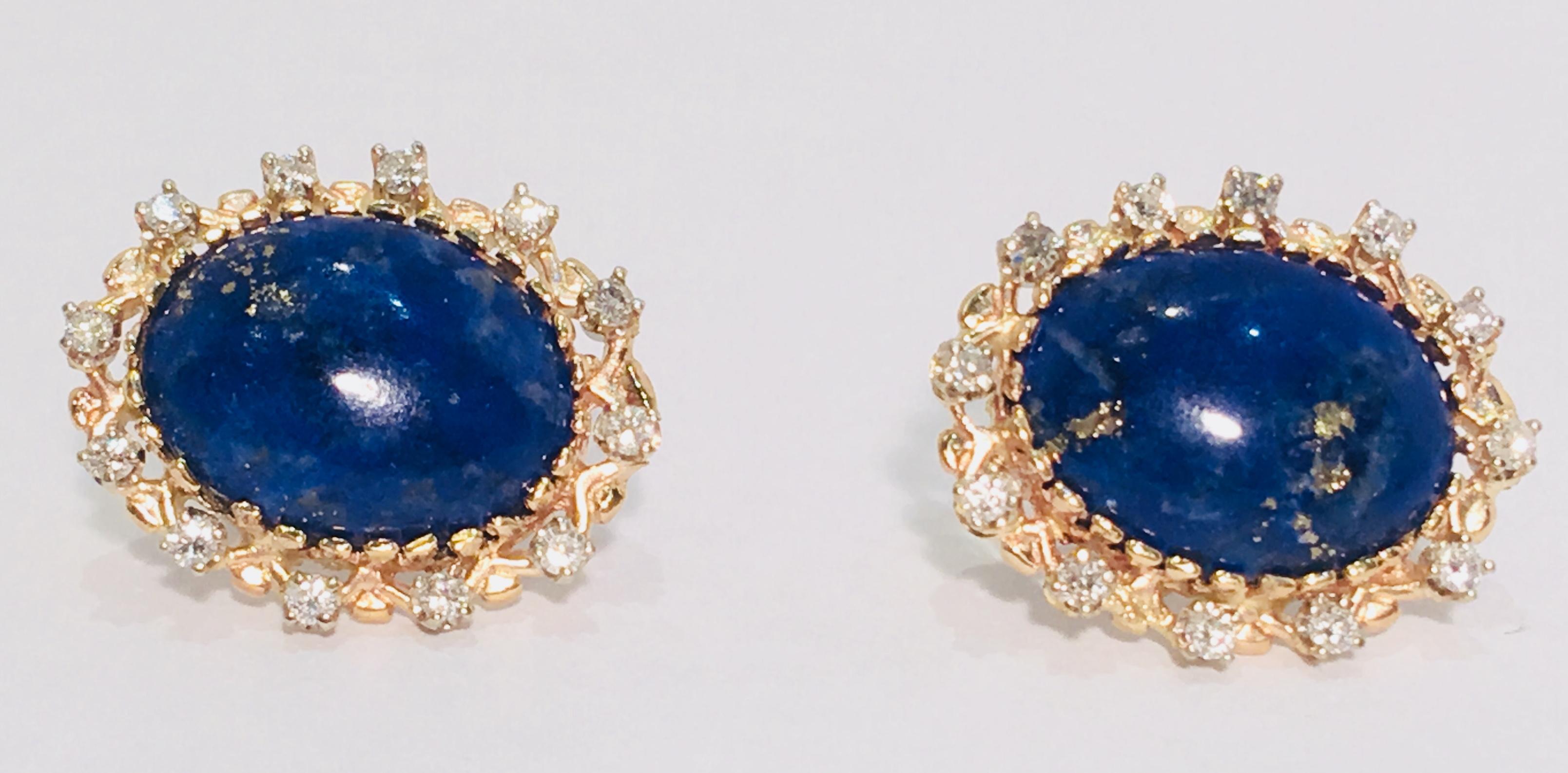 Vivid Blue Large Oval Lapis Lazuli Diamond Halo 18 Karat Gold Post Earrings In Excellent Condition In Tustin, CA