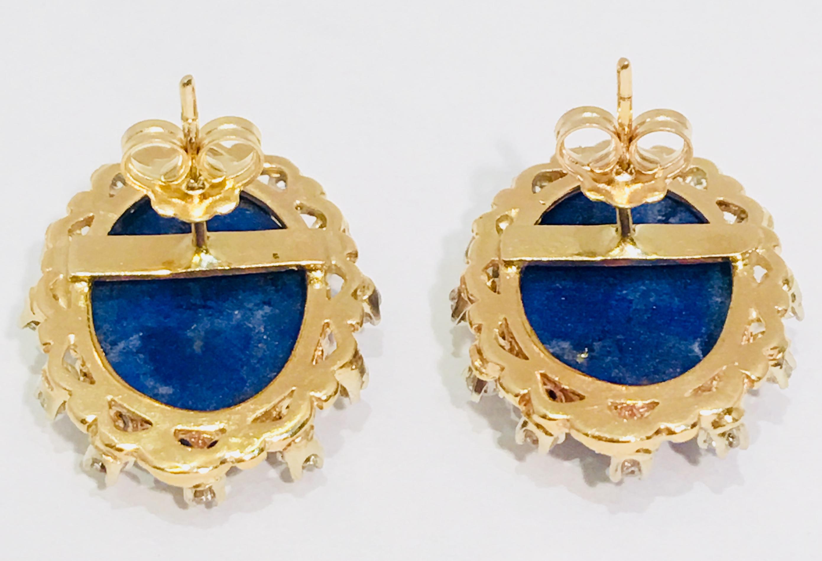 Women's Vivid Blue Large Oval Lapis Lazuli Diamond Halo 18 Karat Gold Post Earrings