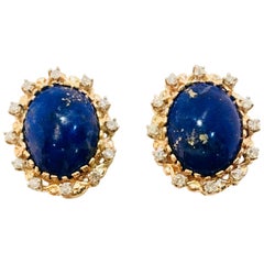 Vintage Vivid Blue Large Oval Lapis Lazuli Diamond Halo 18 Karat Gold Post Earrings