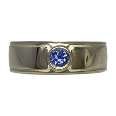 Vivid Blue Round Cut Sapphire Flush Set Sterling Silver Gents Mens Band Ring