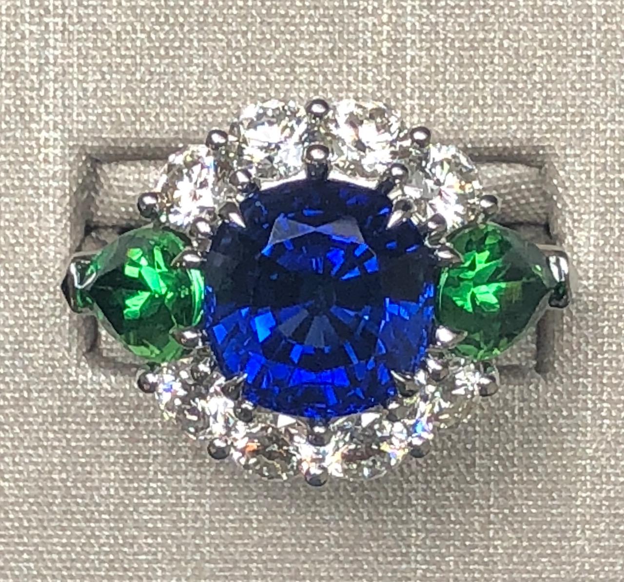 Women's Vivid Blue Sapphire 4.45 Carat with AGL Cert. Tsavorite & Diamond Cocktail Ring