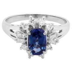 Vivid Blue Sapphire and White Diamond Solitaire Engagement PT 900 Ring