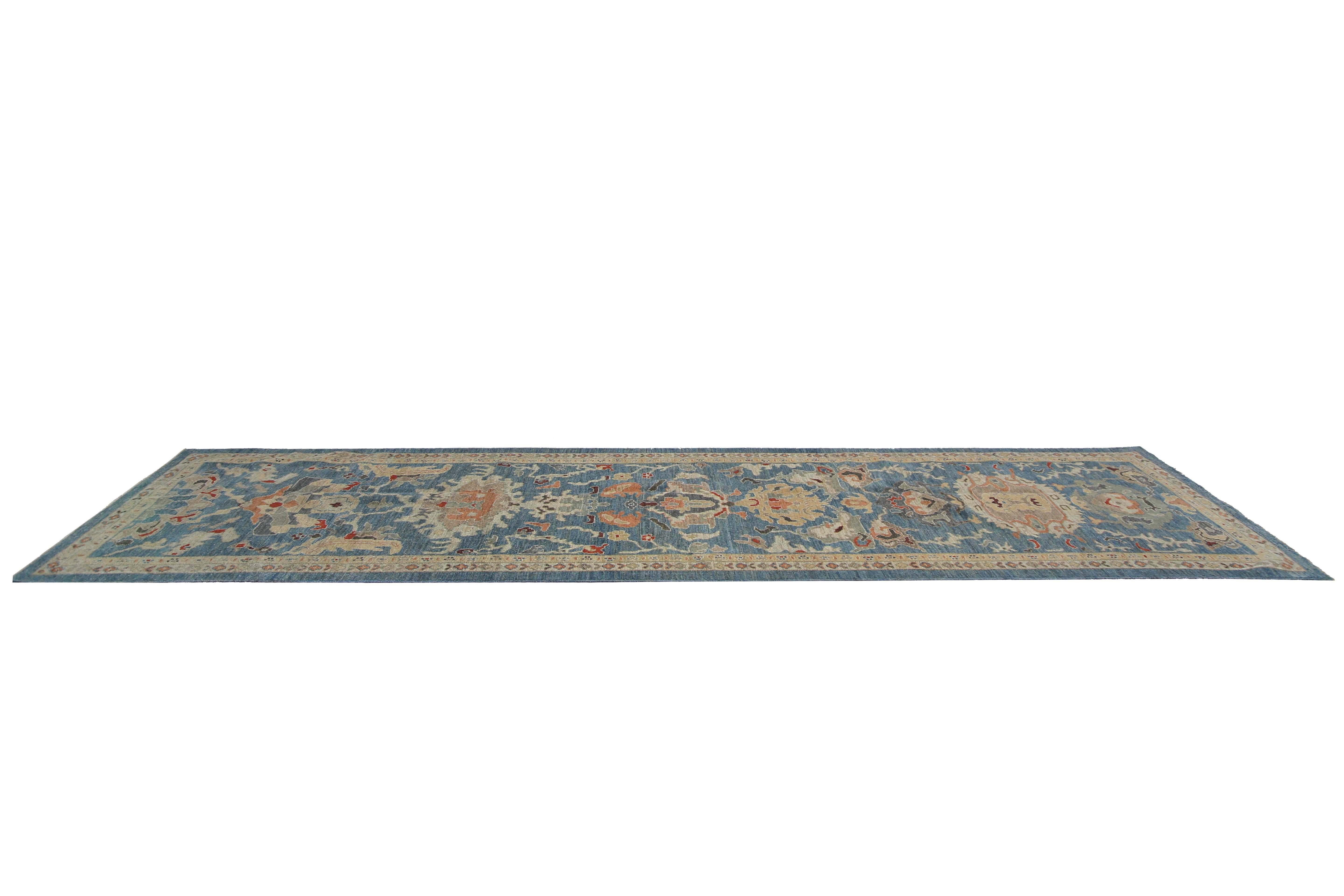 Contemporary Vivid Blue Sultanabad Runner For Sale