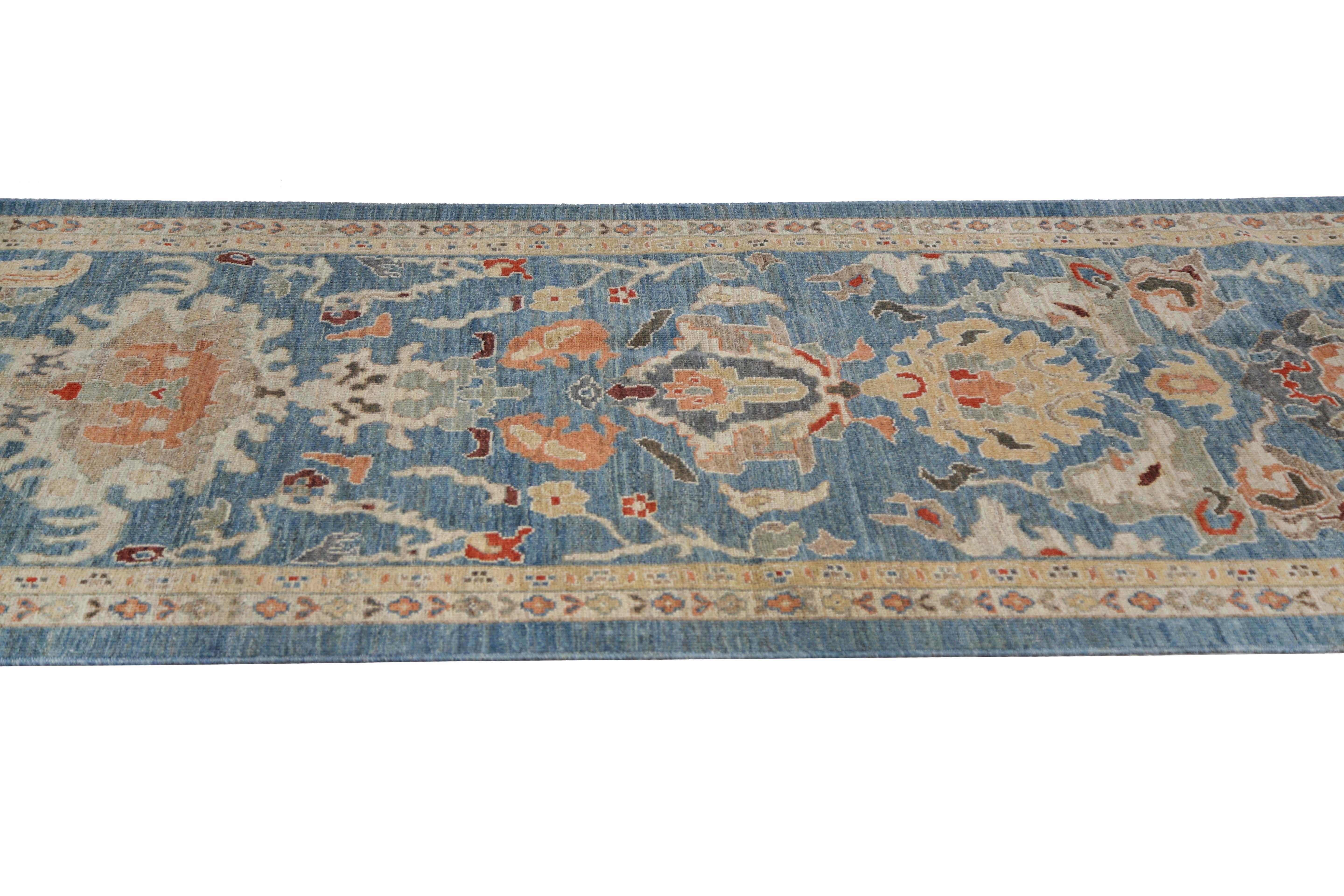 Wool Vivid Blue Sultanabad Runner For Sale