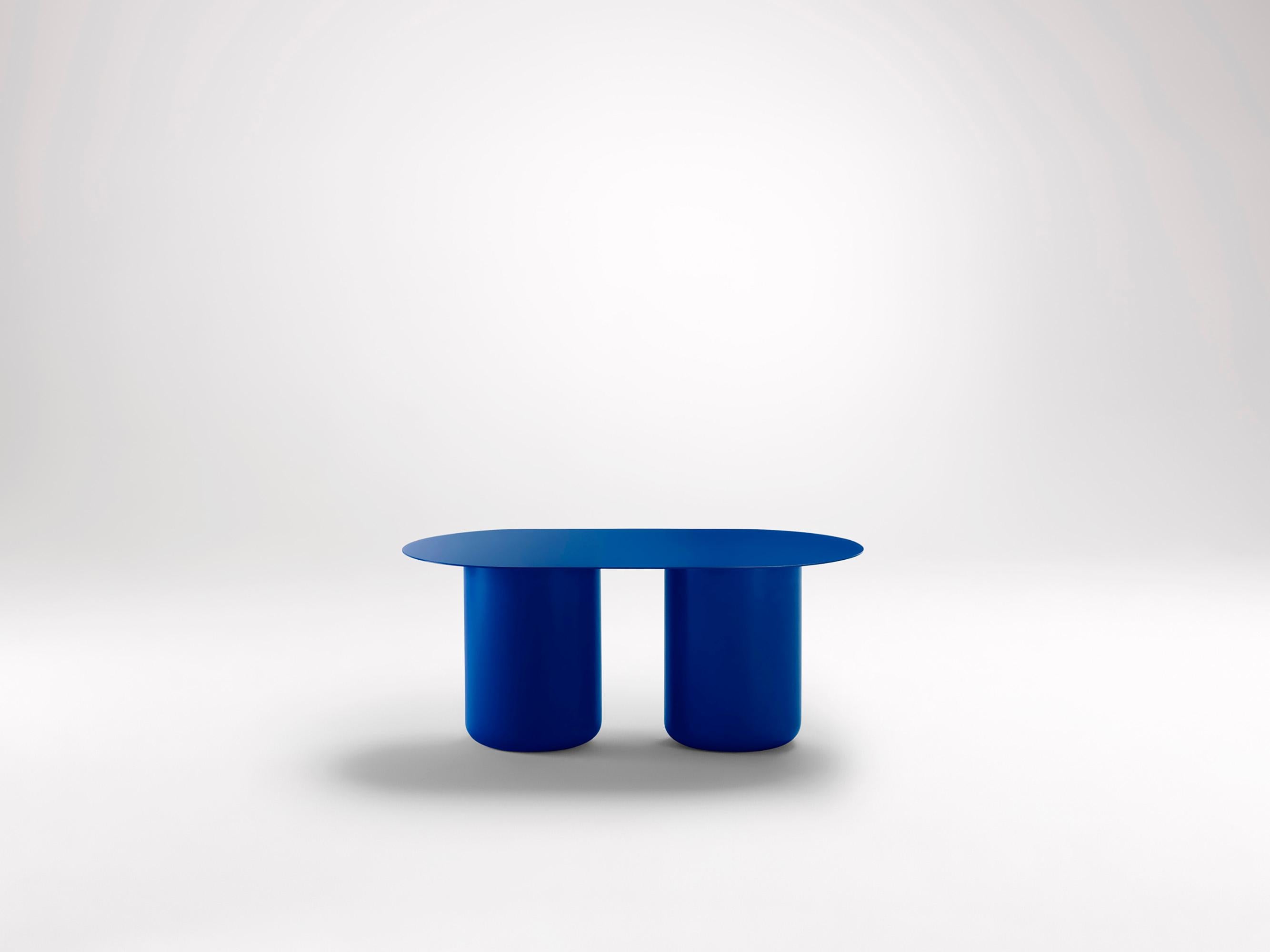 Vivid Blue Table 02 by Coco Flip
Dimensions: D 48 / 85 x H 32 / 36 / 40 / 42 cm
Materials: Mild steel, powder-coated with zinc undercoat. 
Weight: 20 kg

Coco Flip is a Melbourne based furniture and lighting design studio, run by us, Kate Stokes and