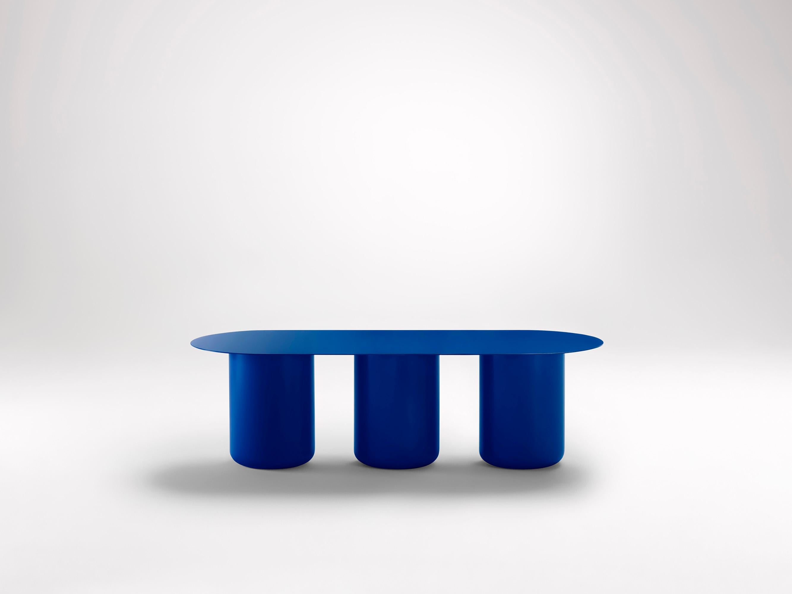 Vivid Blue Table 03 by Coco Flip
Dimensions: D 48 / 122 x H 32 / 36 / 40 / 42 cm
Materials: Mild steel, powder-coated with zinc undercoat. 
Weight: 30 kg

Coco Flip is a Melbourne based furniture and lighting design studio, run by us, Kate Stokes