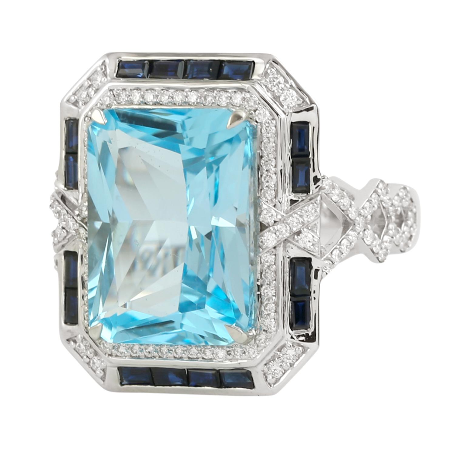 Art Déco Anello Cocktail con Topazio Blu Vivido, Zaffiro Blu e Diamanti in vendita
