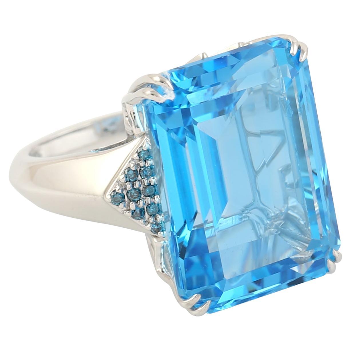 Vivid Blue Topaz Cocktail Ring Accented With Diamonds In 10k White Gold