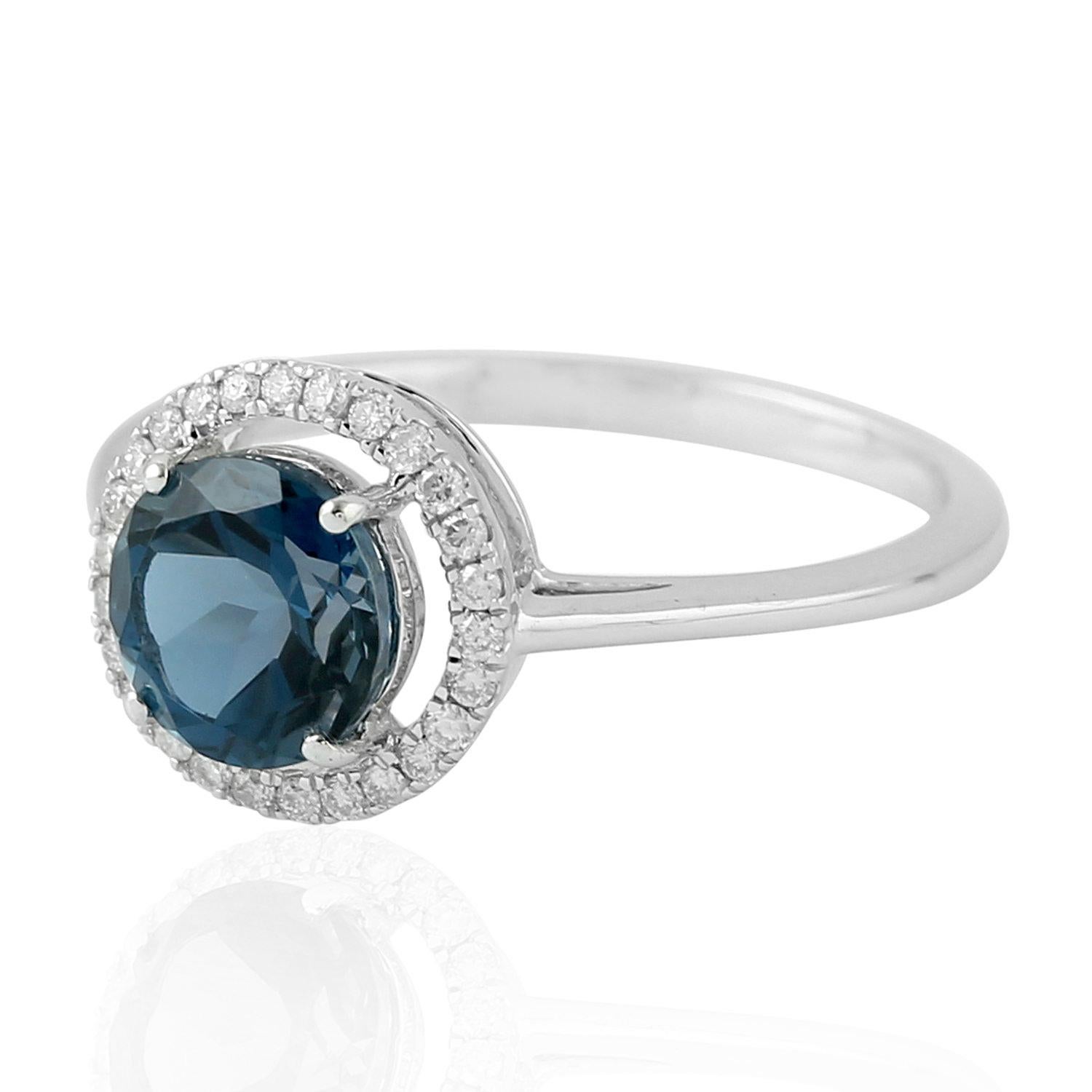Artisan Vivid Blue Topaz Ring With Diamonds Made In 18Kt White Gold For Sale
