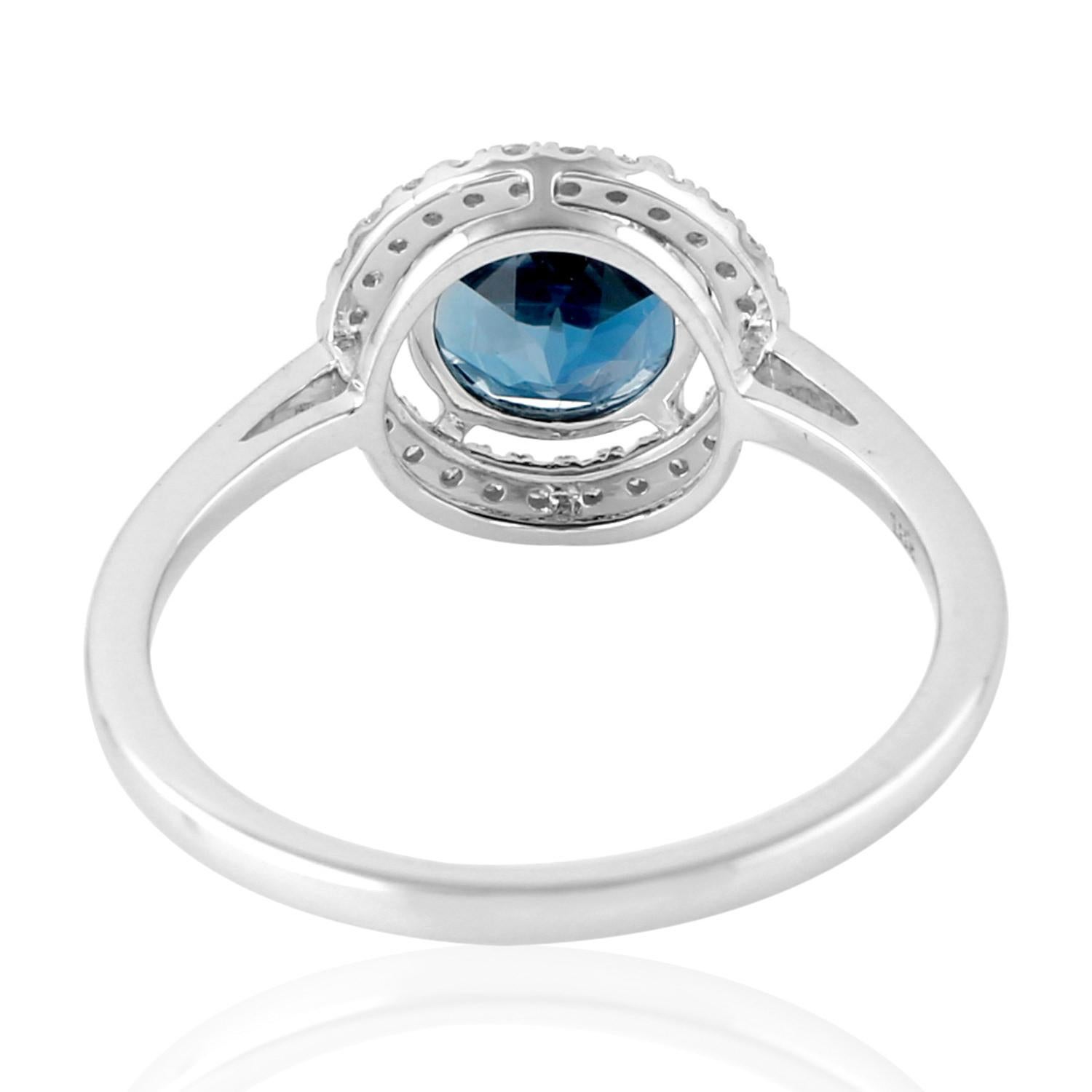 Mixed Cut Vivid Blue Topaz Ring With Diamonds Made In 18Kt White Gold For Sale