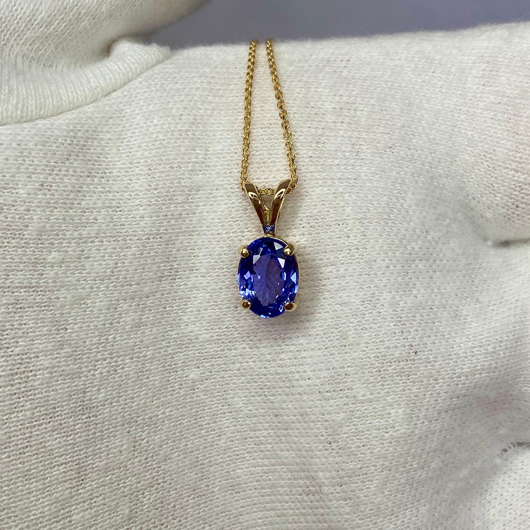 Women's or Men's Vivid Blue Violet 1.03 Carat Tanzanite Solitaire Yellow Gold Pendant Necklace