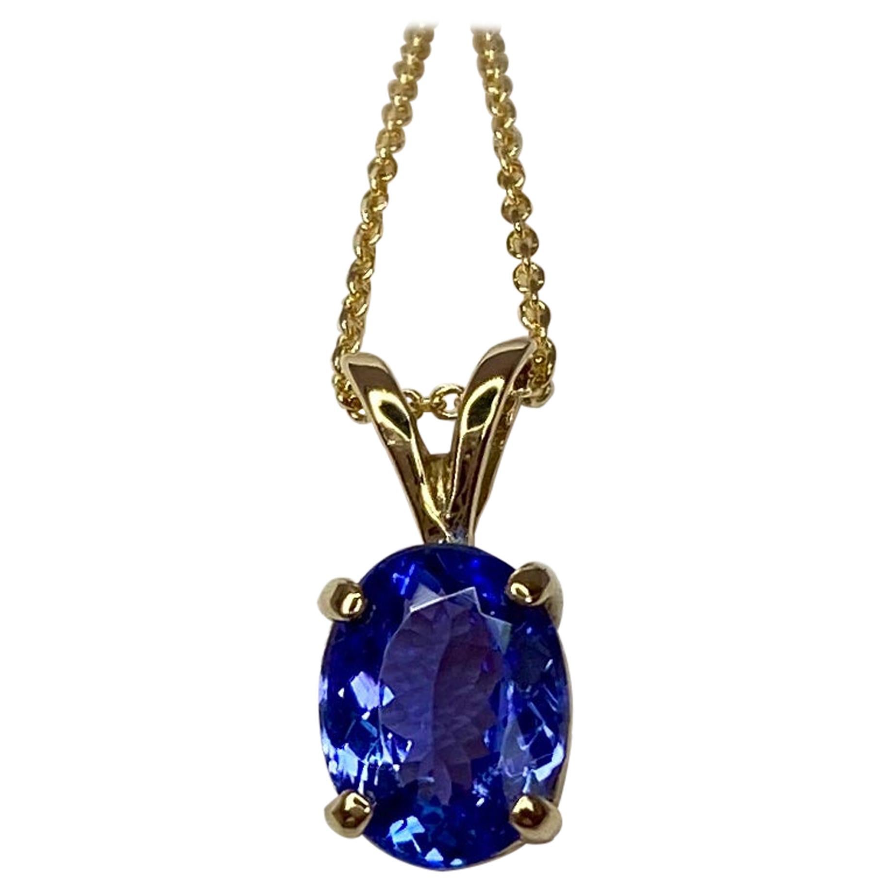 Vivid Blue Violet 1.03 Carat Tanzanite Solitaire Yellow Gold Pendant Necklace