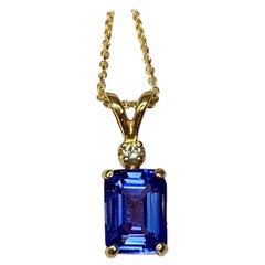 Vivid Blue Violet Tanzanite and Diamond Yellow Gold Pendant Necklace Emerald Cut