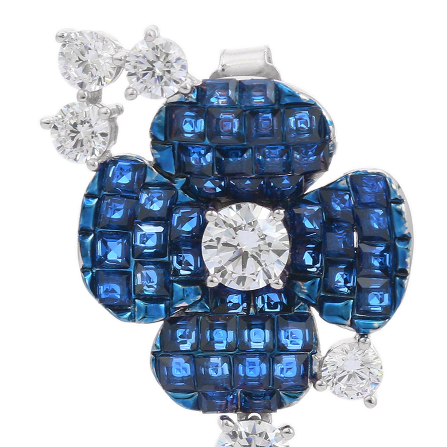Art Deco Vivid Bluecolor Rhinestone Flower Wedding Drop Earrings in 925 Sterling Silver For Sale